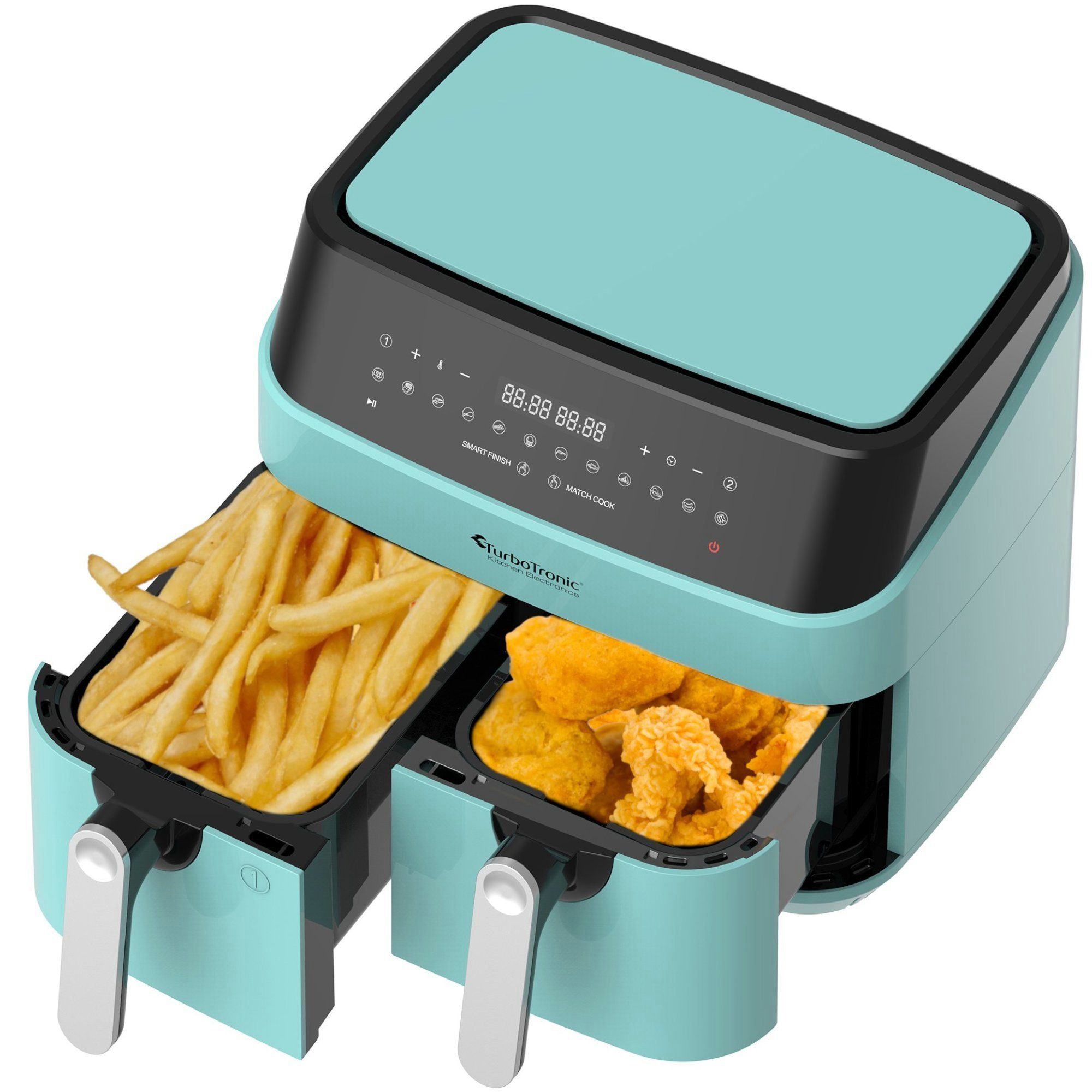 TurboTronic by Z-Line Heißluftfritteuse XXL Doppelkammer 2x 4,5 Liter, 50°C - 200°C, Power, dual, Camping, 1600 W, Fritteuse ohne Fett, digitaler doppel Airfryer Fettfrei