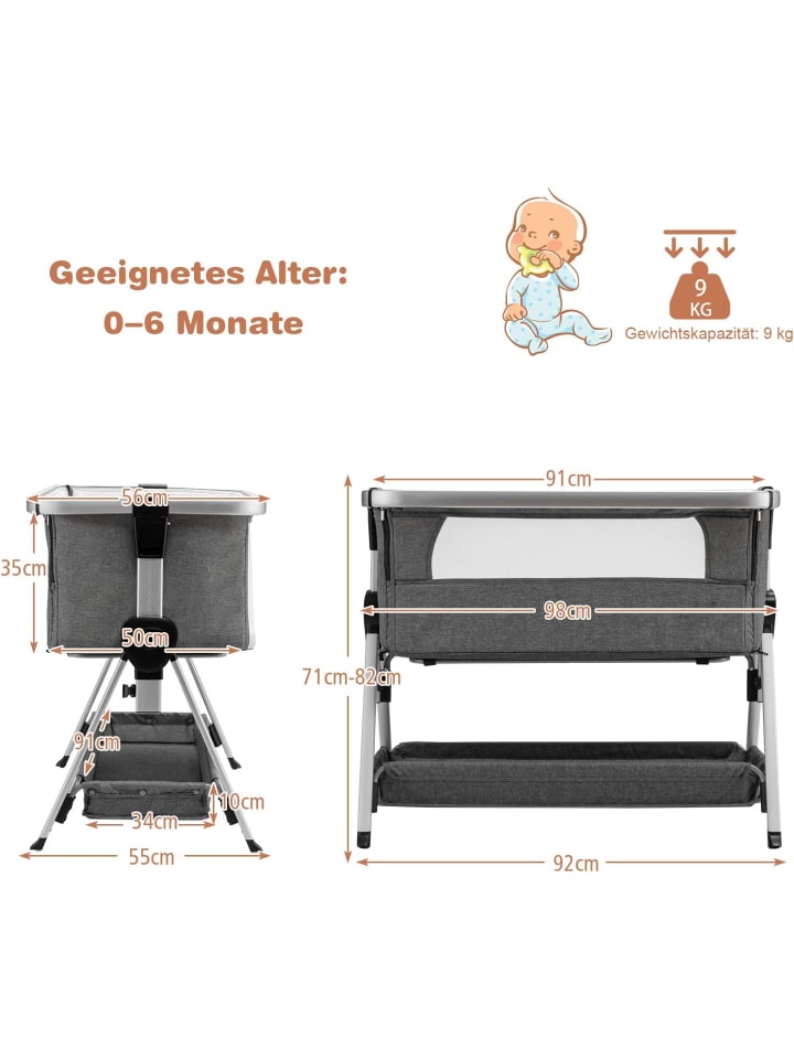 COSTWAY 3 in 1 Beistellbett in Anthrazit günstig kaufen 56 cm
