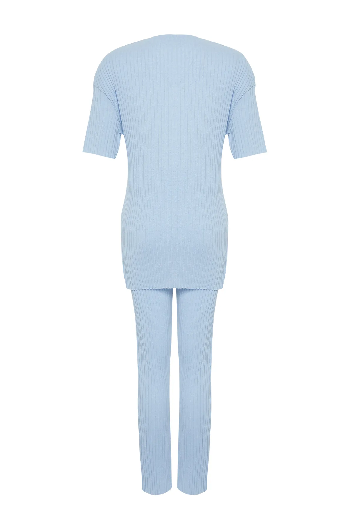 Trendyol Collection  Blaues, gestricktes Pyjama-Set aus schnurgebundener Baumwolle mit Schlitz und detailliertem Muster THMSS24PT00178