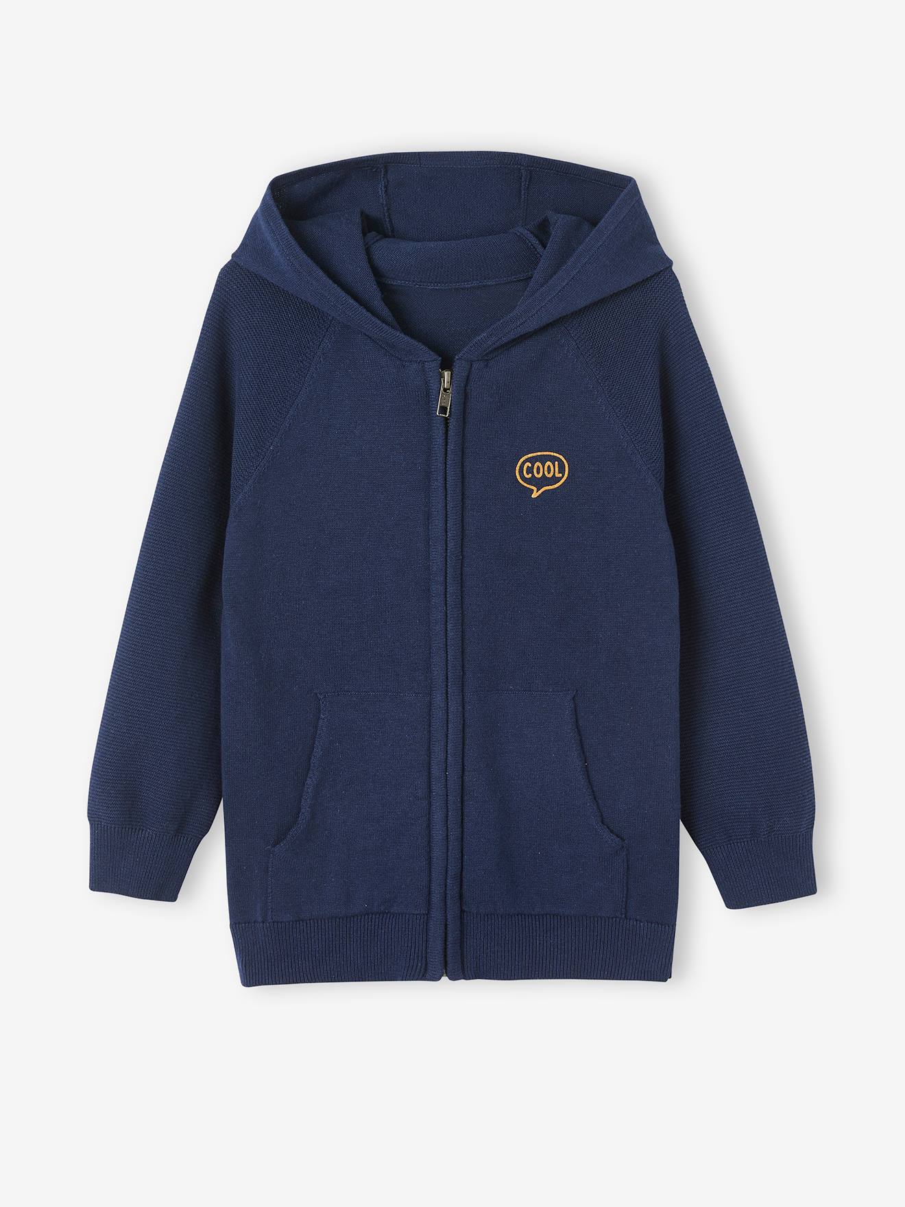 Gilet à capuche manches point mousse garçon bleu