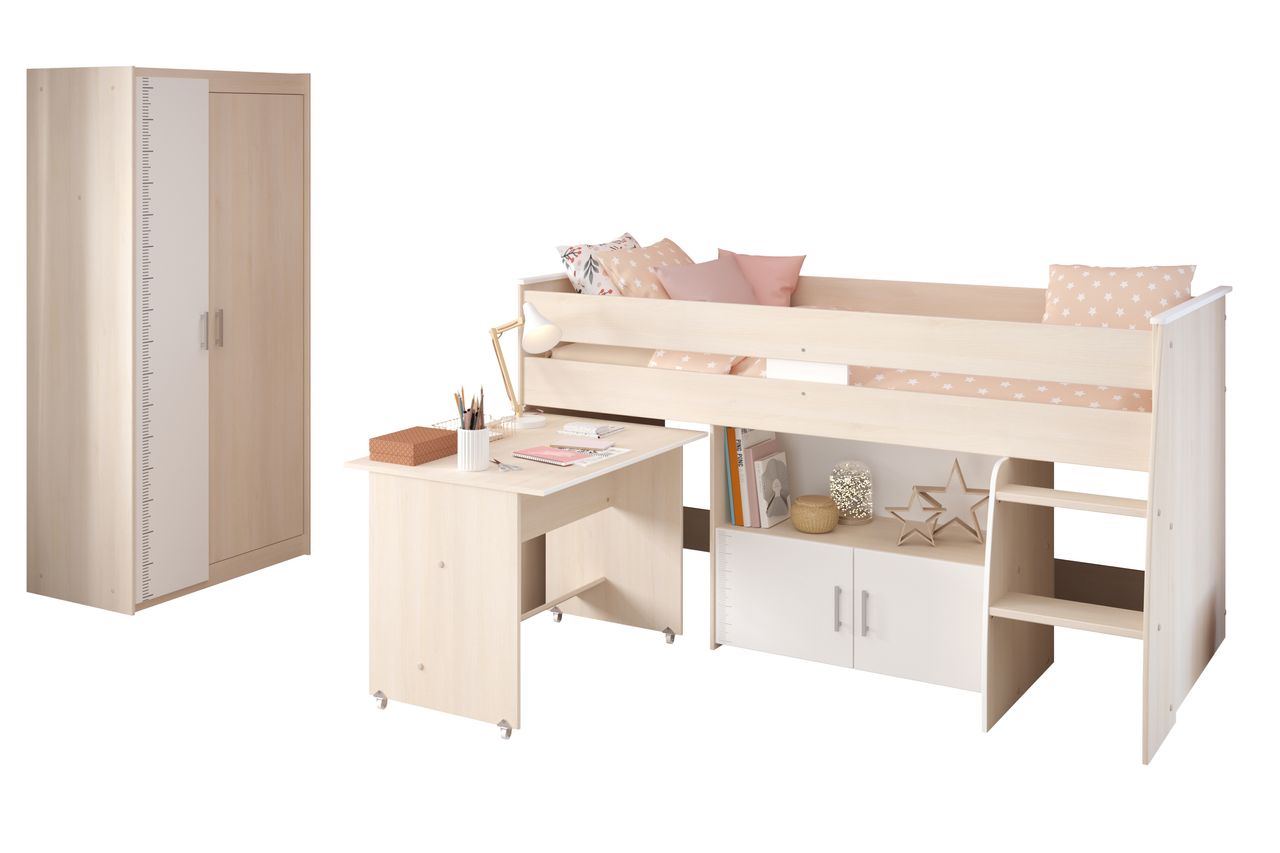 Parisot Hochbett mit 2-trg. Kleiderschrank, Charly 5 - mit ausziehbarem Schreibtisch
