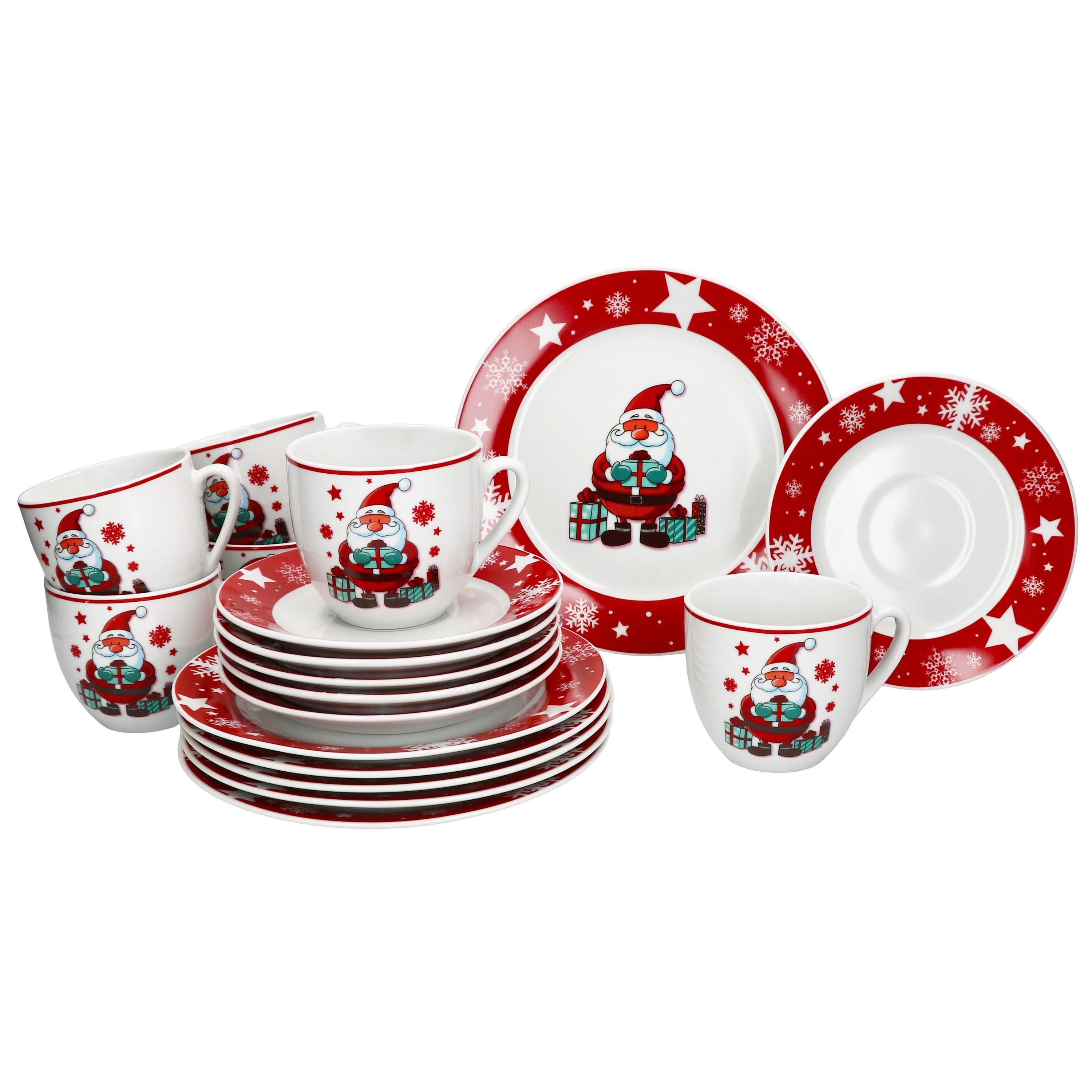 MamboCat Kaffeeservice 18tlg Kaffeeservice Weihnachtsmann Porzellan 6 Pers. Tassen Teller, Porzellan