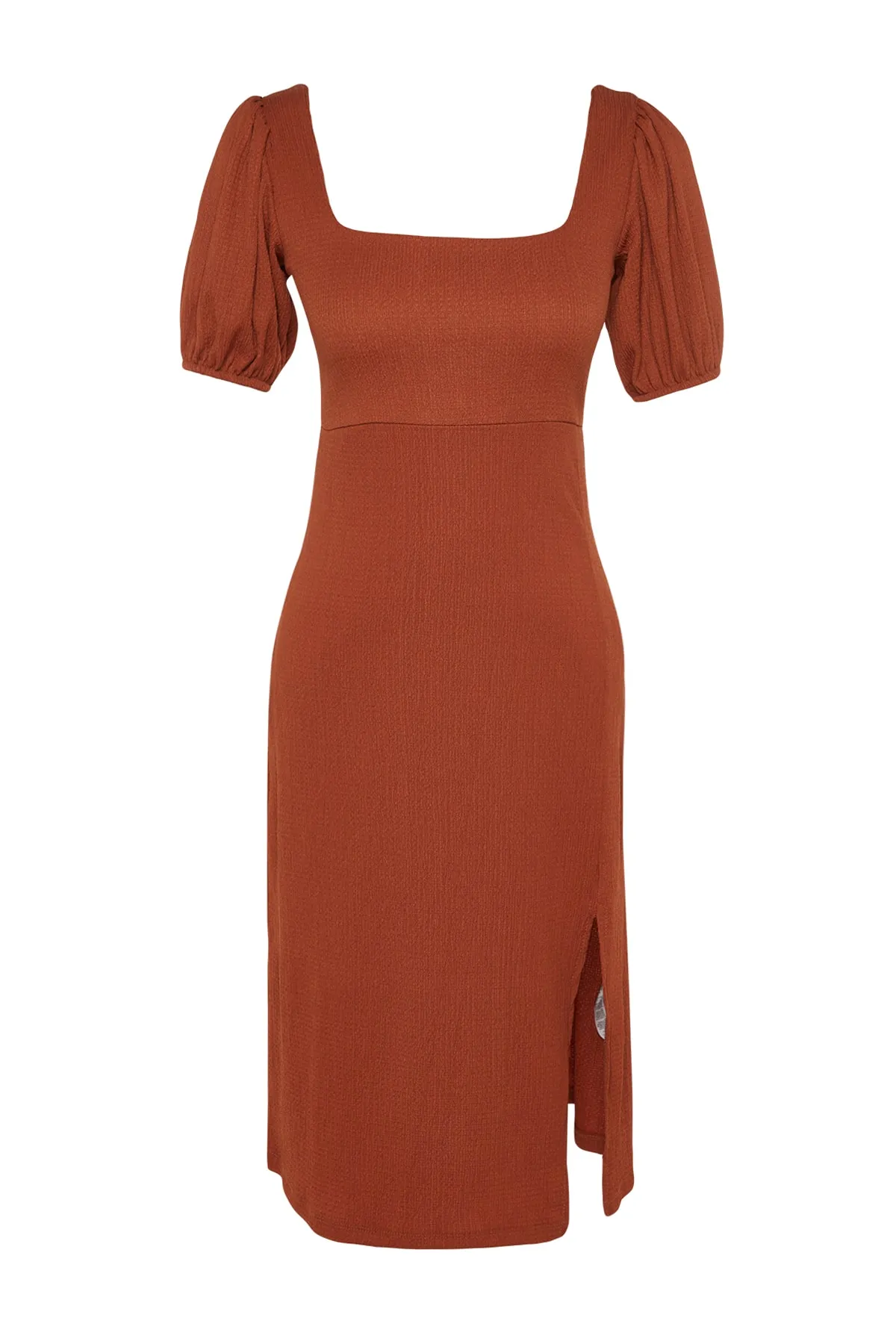 Trendyol Collection  Zimtfarbenes A-Linien-Strickkleid mit quadratischem Kragen, Ballonärmeln, Schlitz, Wickel-/strukturiertem Midi-Strickkleid TWOSS23EL01533
