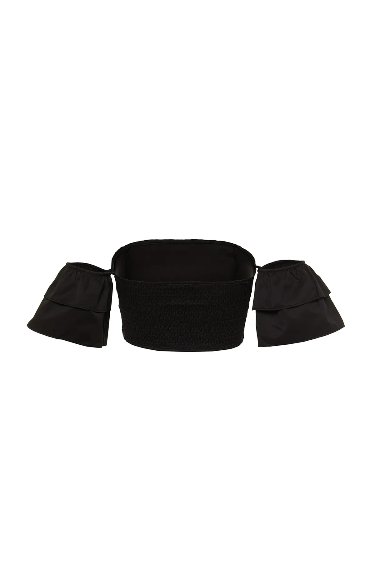 Trendyol Collection  Schwarzes Set aus Strandoberteil und -unterteil aus Popeline mit Carmenkragen und Volant TBESS20AU0071