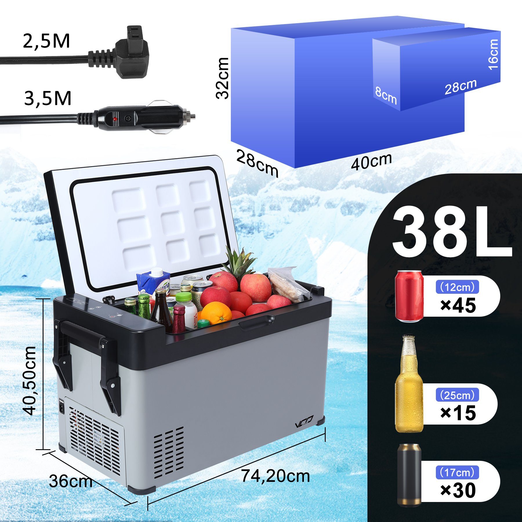 CLEESINk Kühlbox Kompressor kühlbox auto 38L 12V/240V tragbare Kühlschrank mit Griff, 38 l
