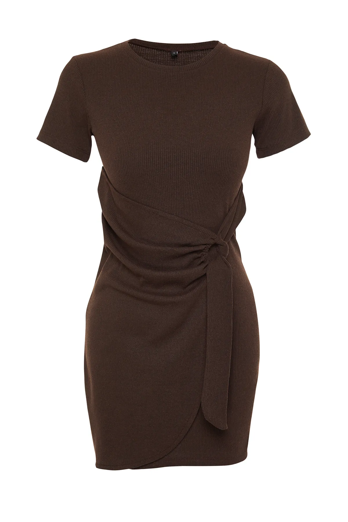 Trendyol Collection  Braunes Mini-Strickkleid mit Krawatte und Rundhalsausschnitt im Strick-Look TWOSS22EL0751