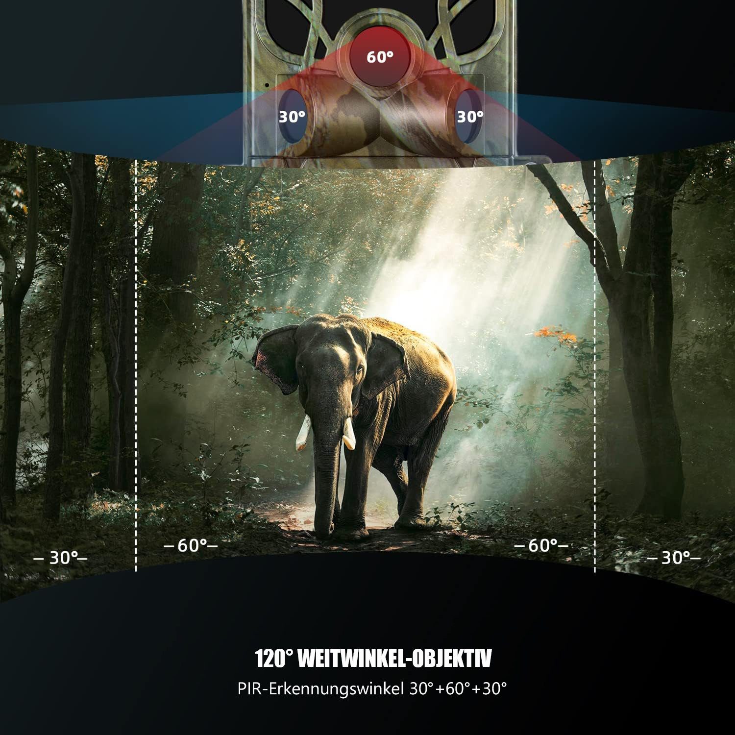 Usogood TC80 WLAN Wildkamera 4K 48MP 30fps Wildkamera mit Bewegungsmelder Wildkamera (Außenbereich, Wild, Bluetooth mit Nachtsicht, bewegungsaktivier,60°/120° Bewegungssensor, 0.3s Auslöserbewegung aktiviert 20 Meter 120°Weitwinkel, 36 Stück 850-nm-I