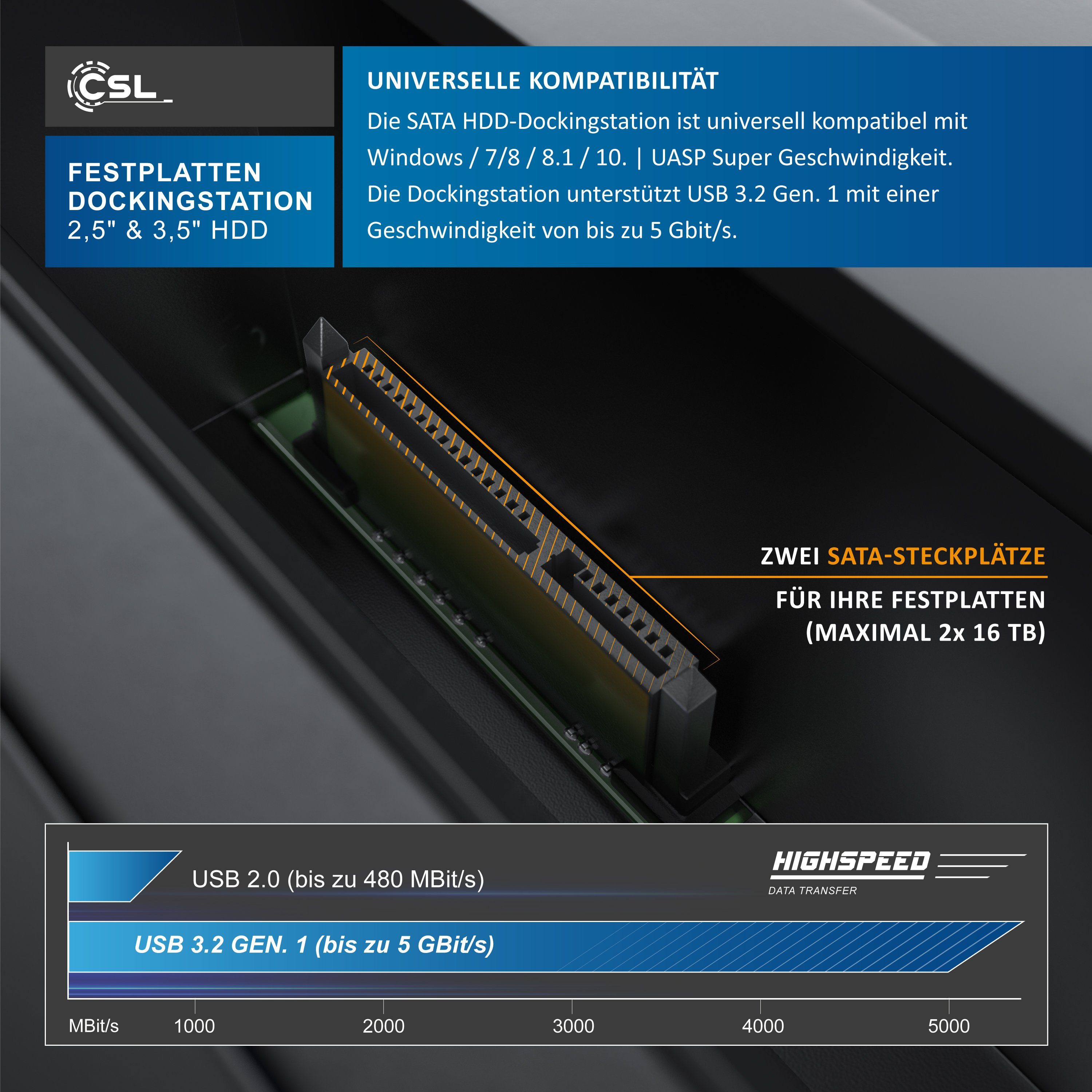 CSL Festplatten-Dockingstation, USB 3.2 Gen 1 Festplattendockingstation, Klonfunktion für 2,5