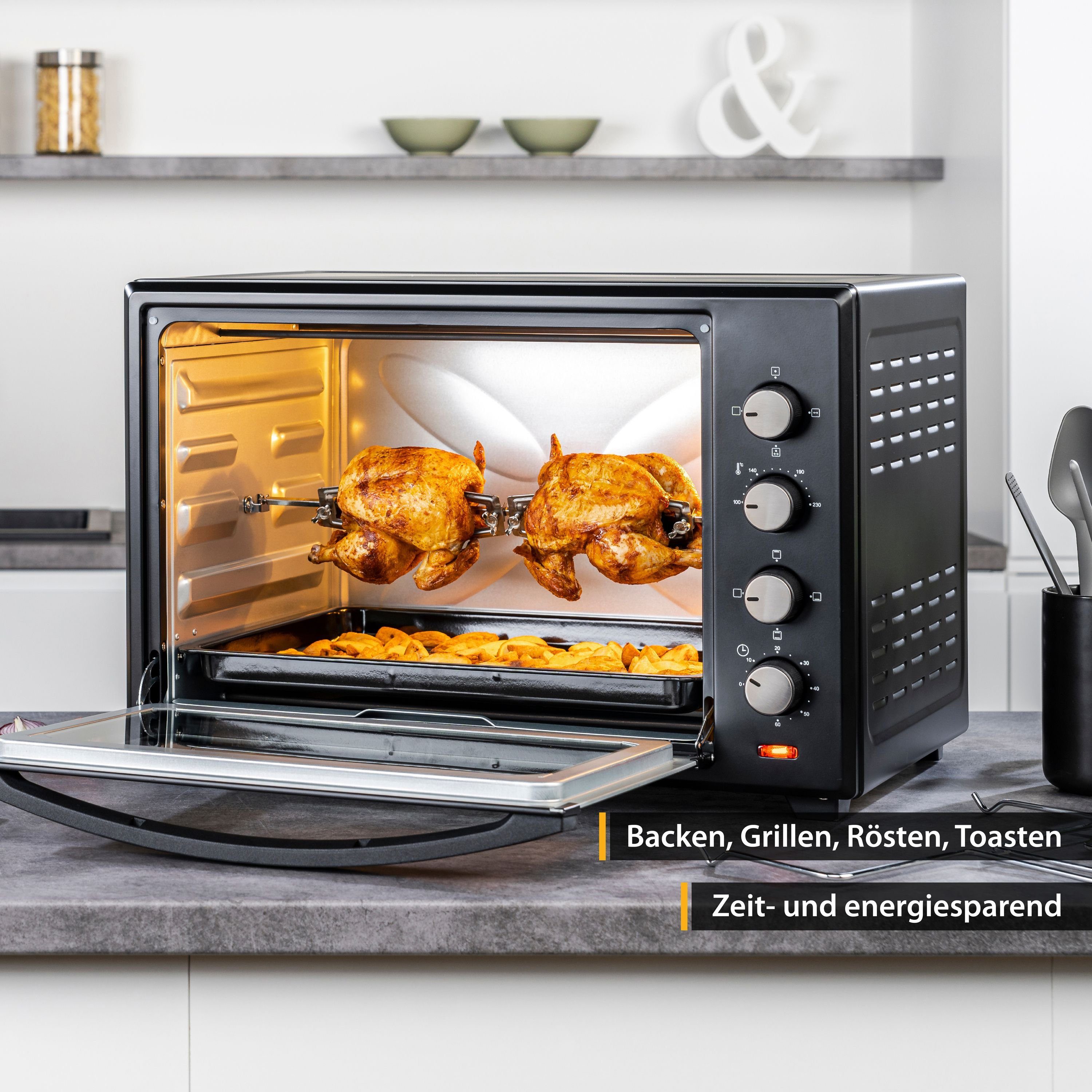 TZS FIRST AUSTRIA Minibackofen Mini-Backofen mit Umluft 45L, 2000W, Kochen, Backen, Hähnchengrill, Temperaturregler 100-230°, energieeffizient, Miniküche, Camping