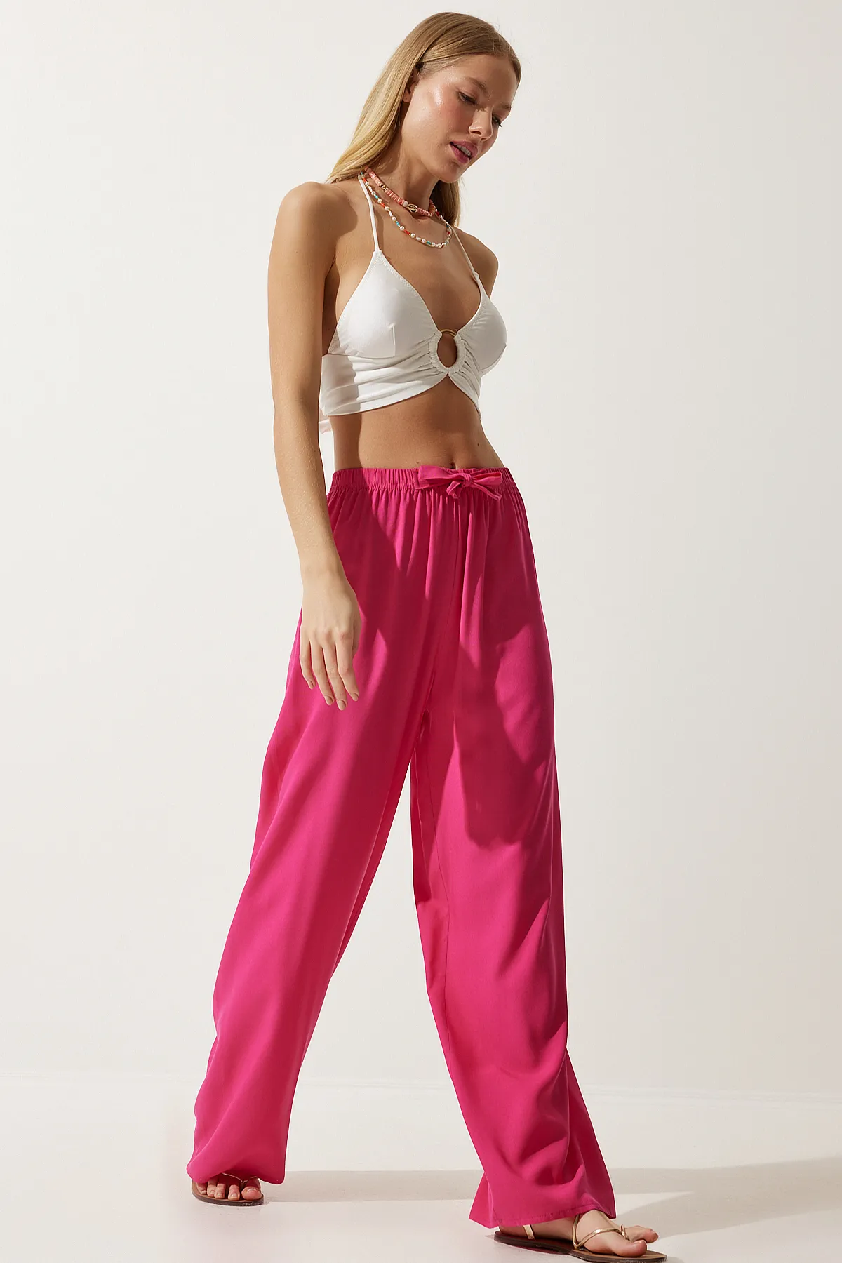 Happiness İstanbul  Fuchsia Sommerliche Palazzo-Hose aus Viskose für Damen EN00610