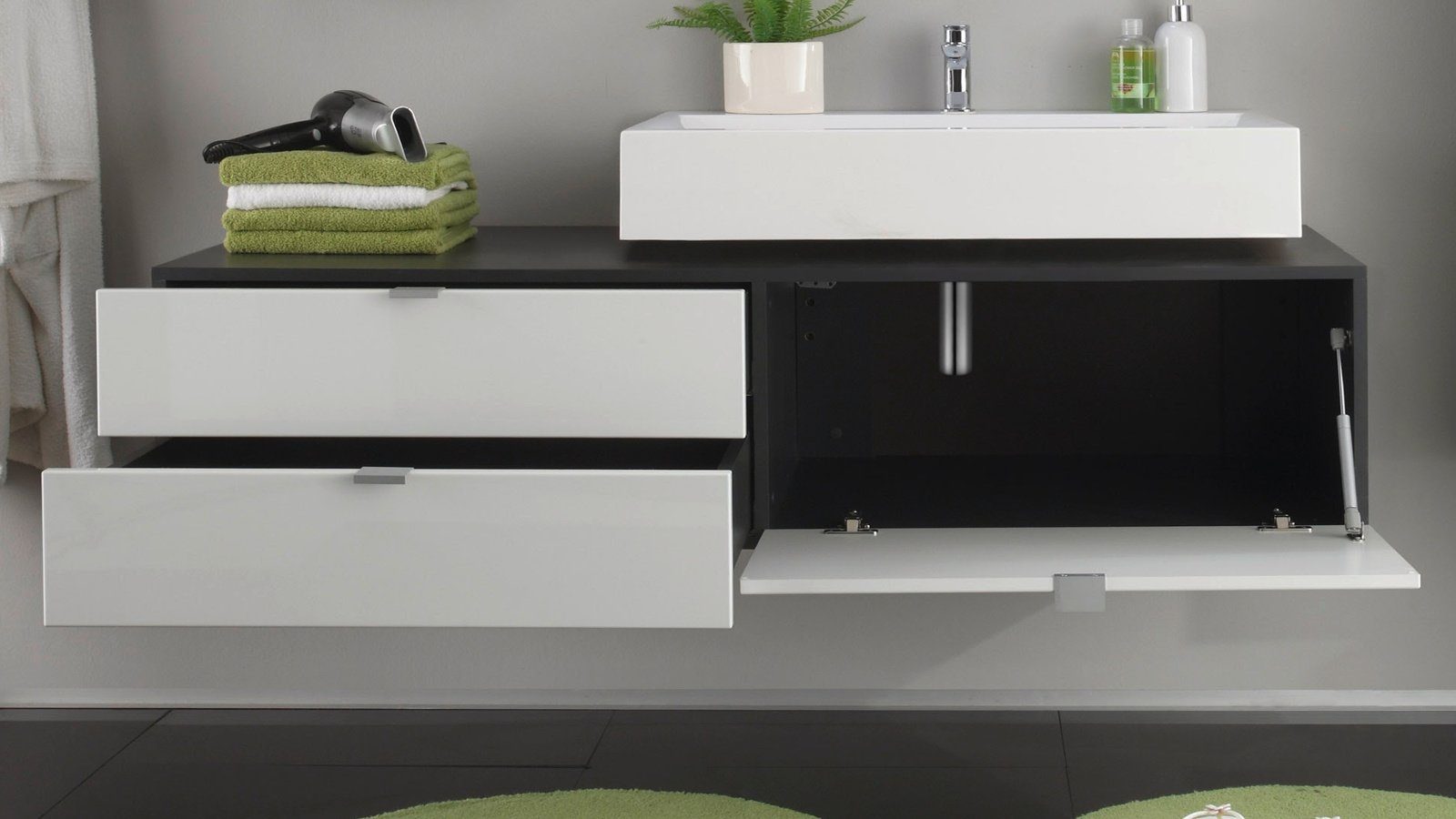 trendteam Badmöbel-Set Beach, (Badezimmer weiß Hochglanz und grau), komplett mit Waschbecken, Soft-Close