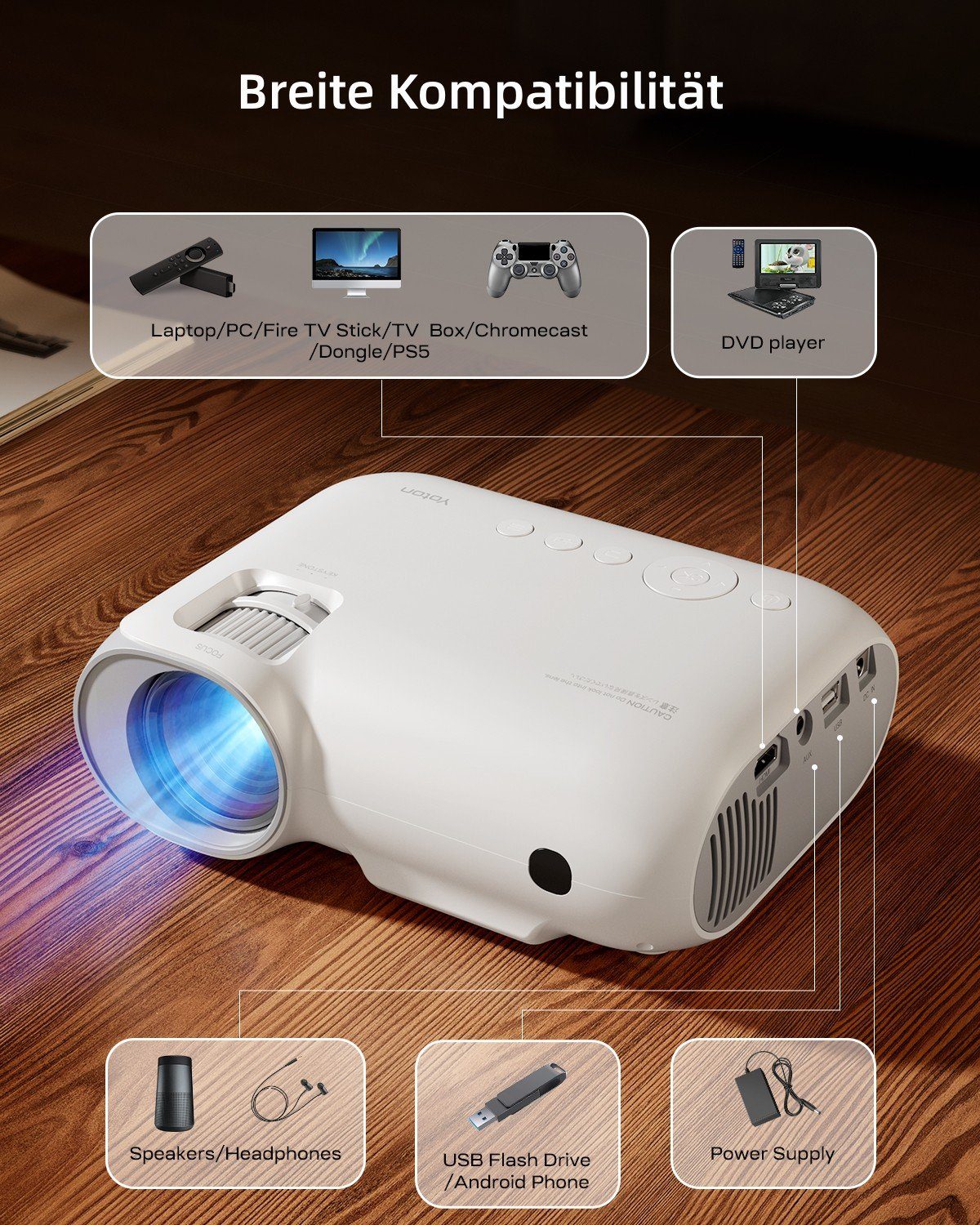 Yoton 450ANSI-Lumen, 1920x1080 px, 5G Beamer (Wird mit Netflix/Prime Video/YouTube-Software geliefert, Dolby-Sound)