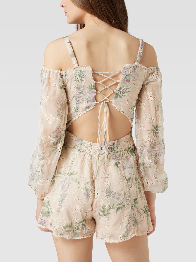 Cold-Shoulder-Jumpsuit mit floraler Lochstickerei in offwhite