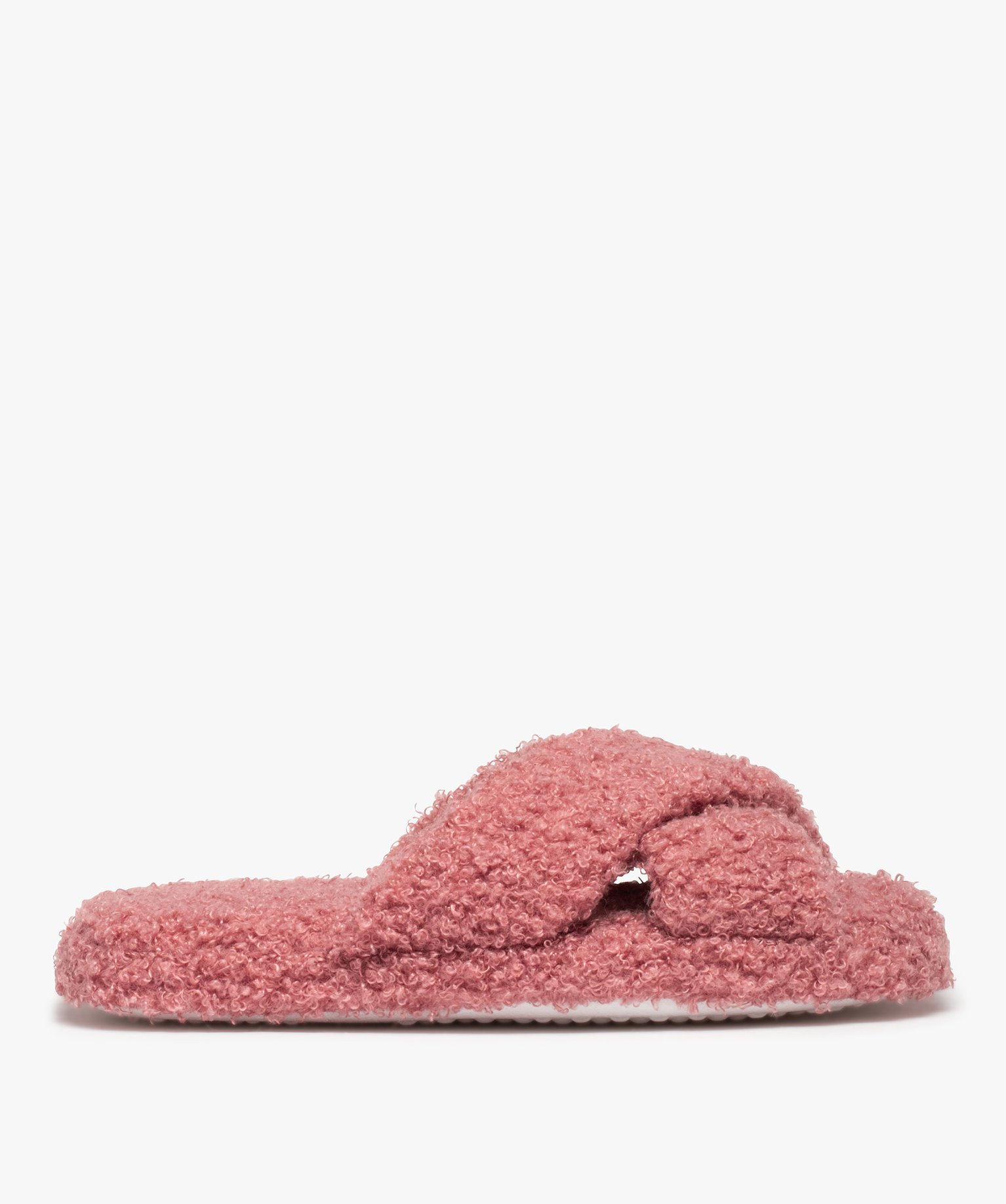 Chaussons femme mules ouvertes en maille bouclette rose | GEMO