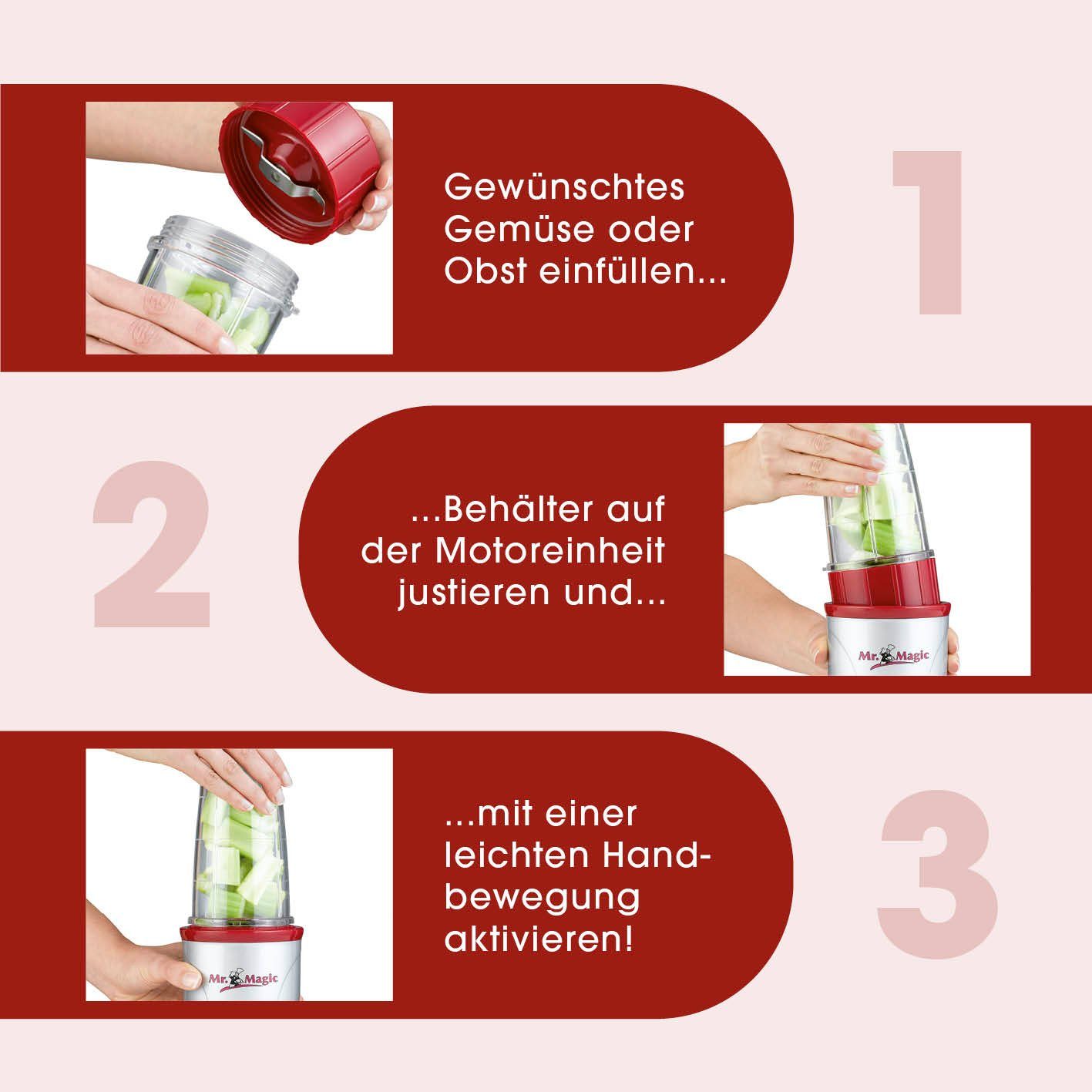 Mr. Magic Standmixer Smoothie Maker inkl. To-Go Becher, 400 W, rot 18 Teile - spülmaschinengeeignet