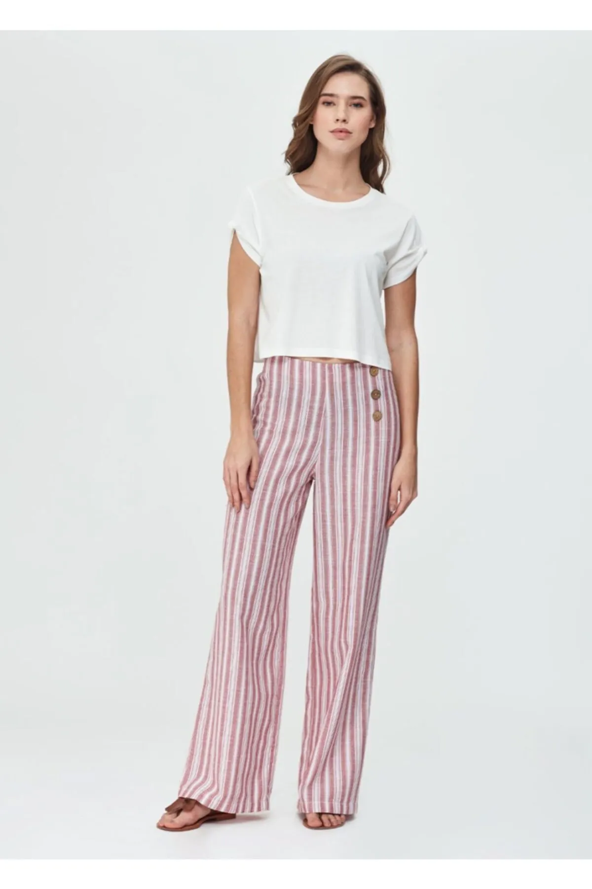 Dagi  Rot gestreifte, gewebte Damenhose mit Knopfdetail und weitem Bein