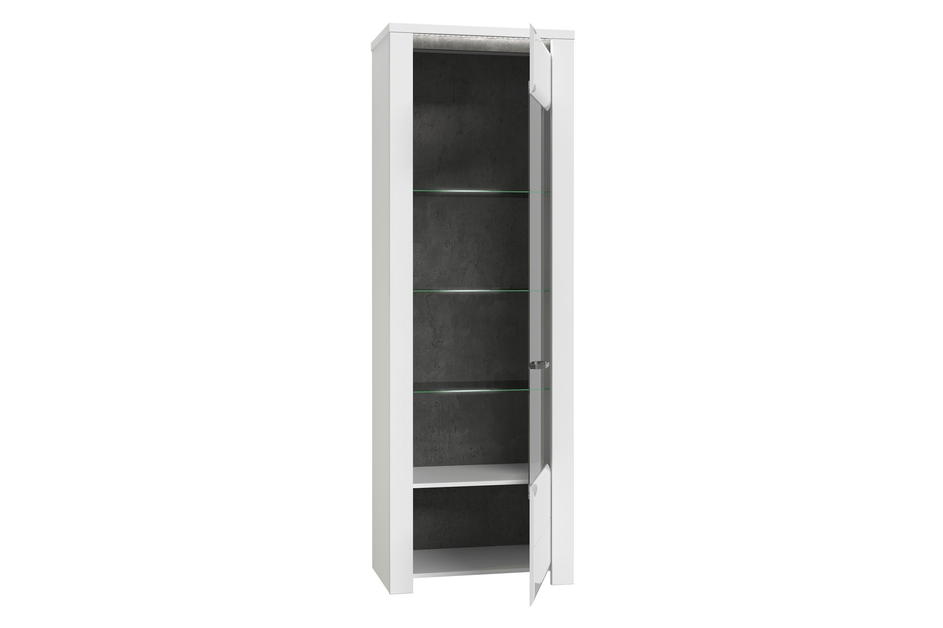 möbel-direkt.de Wohnwand Brugia, (Komplett Set, 4-St., Standvitrine + Hochkommode + Wandboard + TV- Schrank), Hochglanzfronten, Beleuchtung, Selbsteinzug, Dämpfungsbeschläge