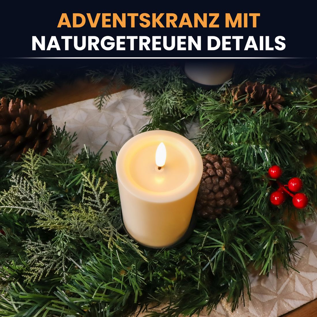 Gartenpirat Gartenpirat Künstlicher Adventskranz Ø 60 cm mit 4 LED-Kerzen Flacker-Effekt