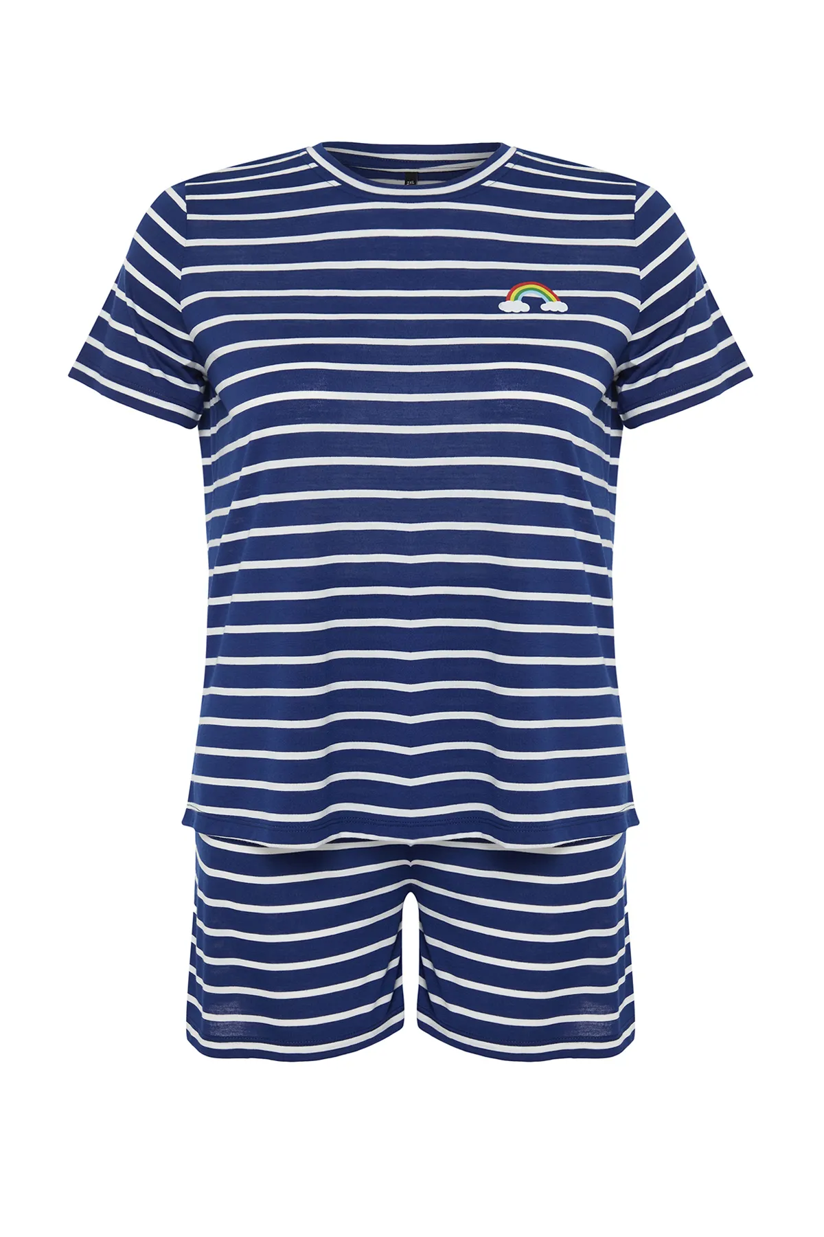 Trendyol Curve  Marineblaues Pyjama-Set aus Strick mit Streifen und Regenbogen-Print TBBSS24AI00029