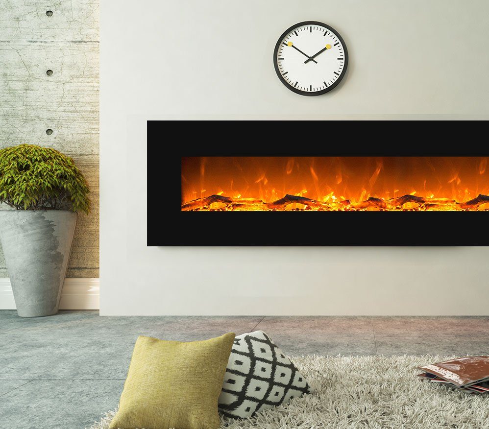 GLOW FIRE Elektrokamin Saturn schwarz Wandkamin elektrisch mit Heizung, Elektrischer Kamin mit Fernbedienung, Timer, 3 Dekorationen, LED Feuer