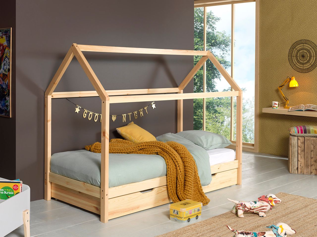 VIPACK Dallas 2 Hausbett 90 x 200 cm Liegefläche inkl Bettschublade, Natur