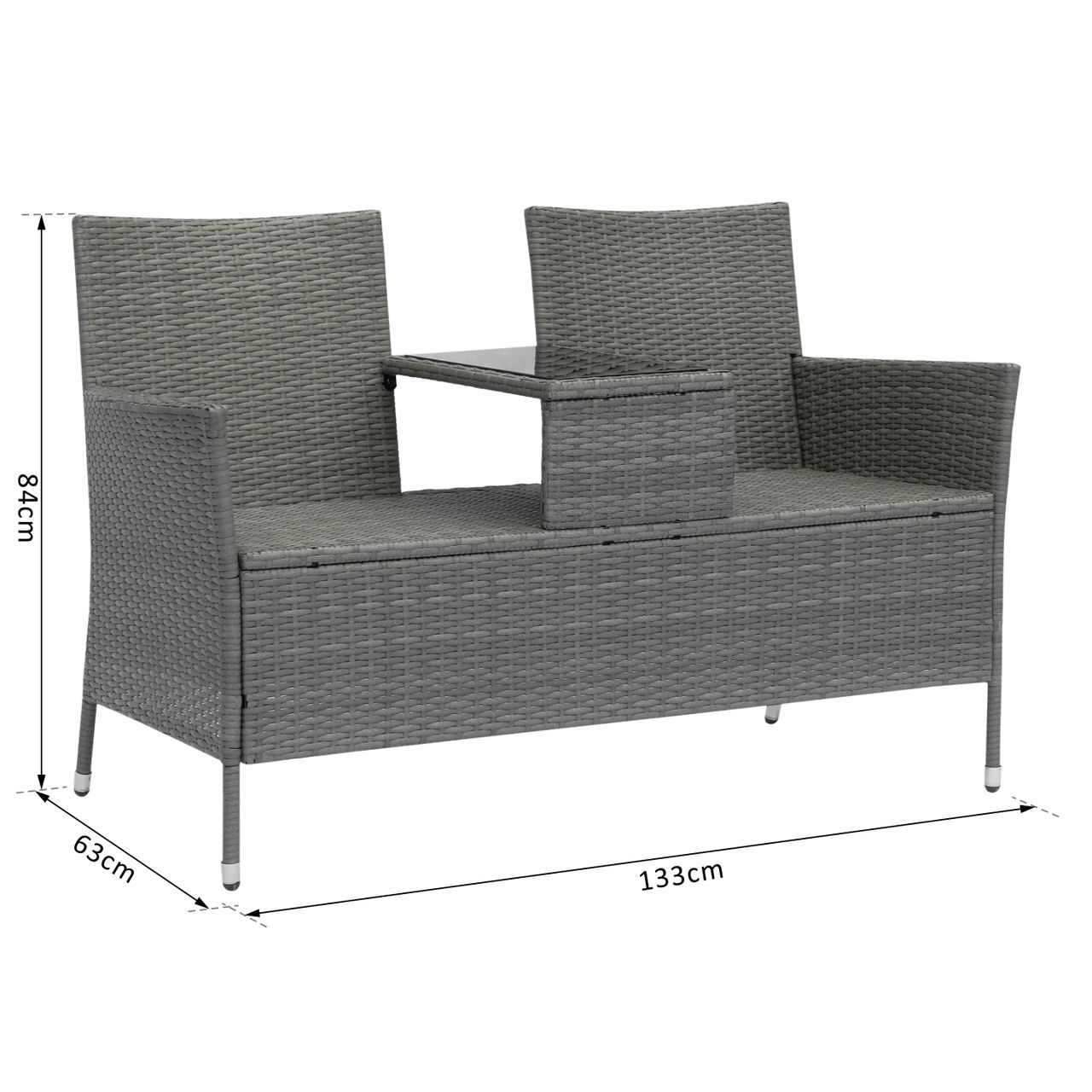 Outsunny Polyrattan Gartenbank Gartensofa Sitzbank mit Tisch 2-Sitzer Stahl Grau