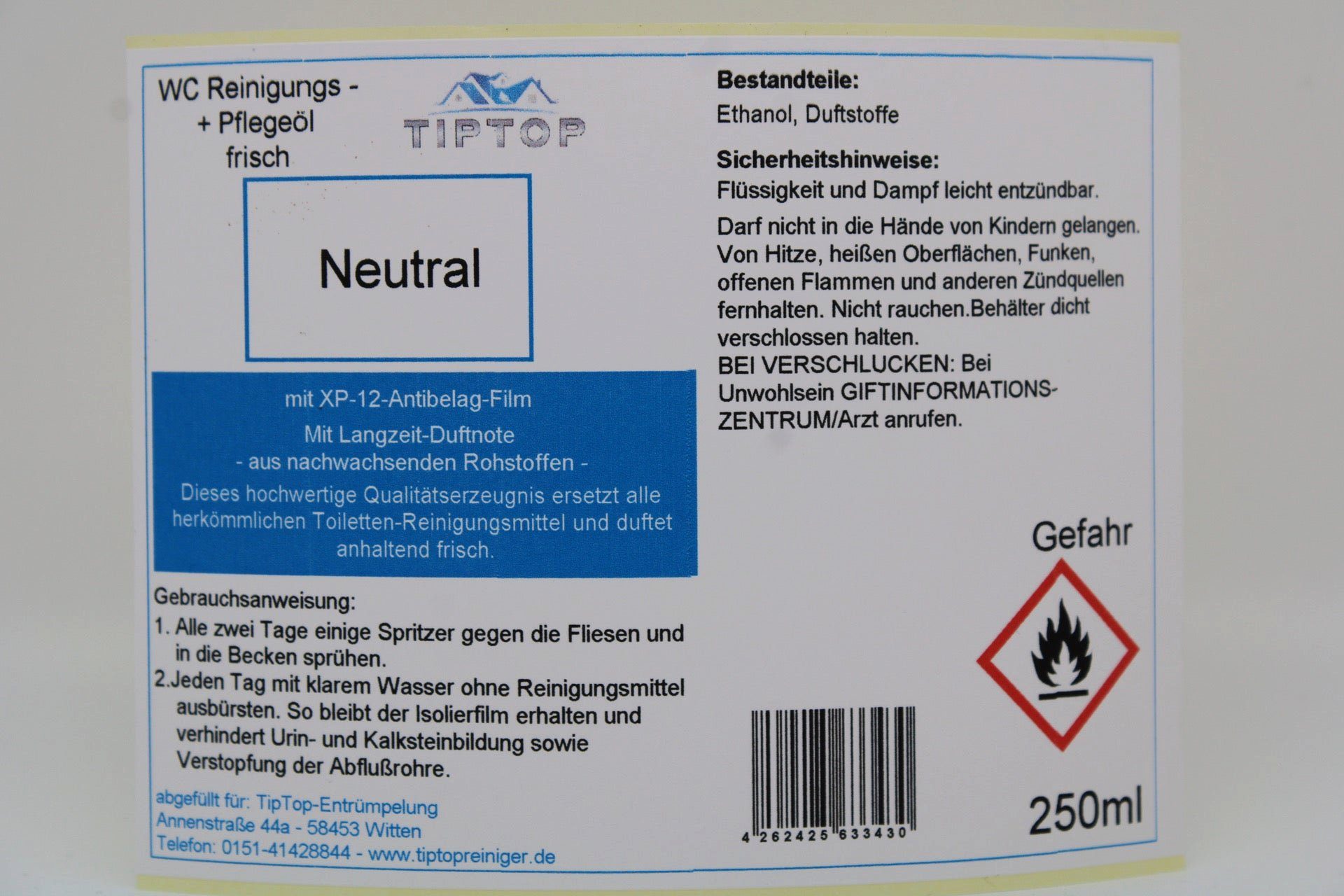 TIPTOP Raumduft WC Reiniger Reinigungs und Pflege Öl frisch 250 ml (verschiedene Duftnoten, Alpenkönig, Cool, Eukalyptus, Fichte, Lavendel, Pfefferminze, Zirbe, Neutral ohne Duft)