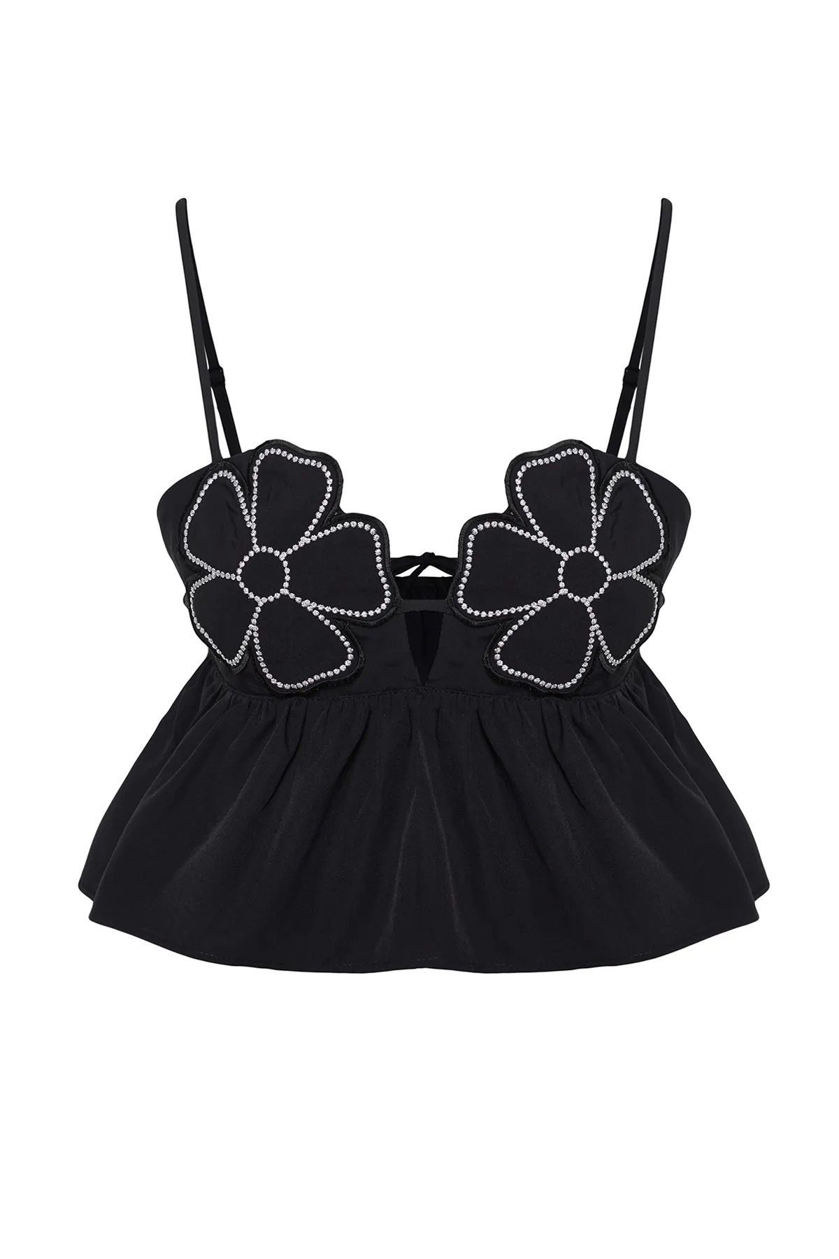 Trendyol Collection  Schwarze, bauchfreie, gewebte, mit Blumen bestickte Bluse