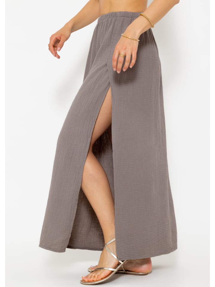SASSYCLASSY Langer Musselin Rock mit hohen Schlitz in Braun günstig kaufen