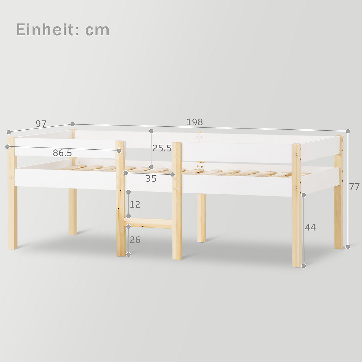 Etagenbett mit Rausfallschutz, Kinderbett aus massivholz, Einzelbett 90x190cm