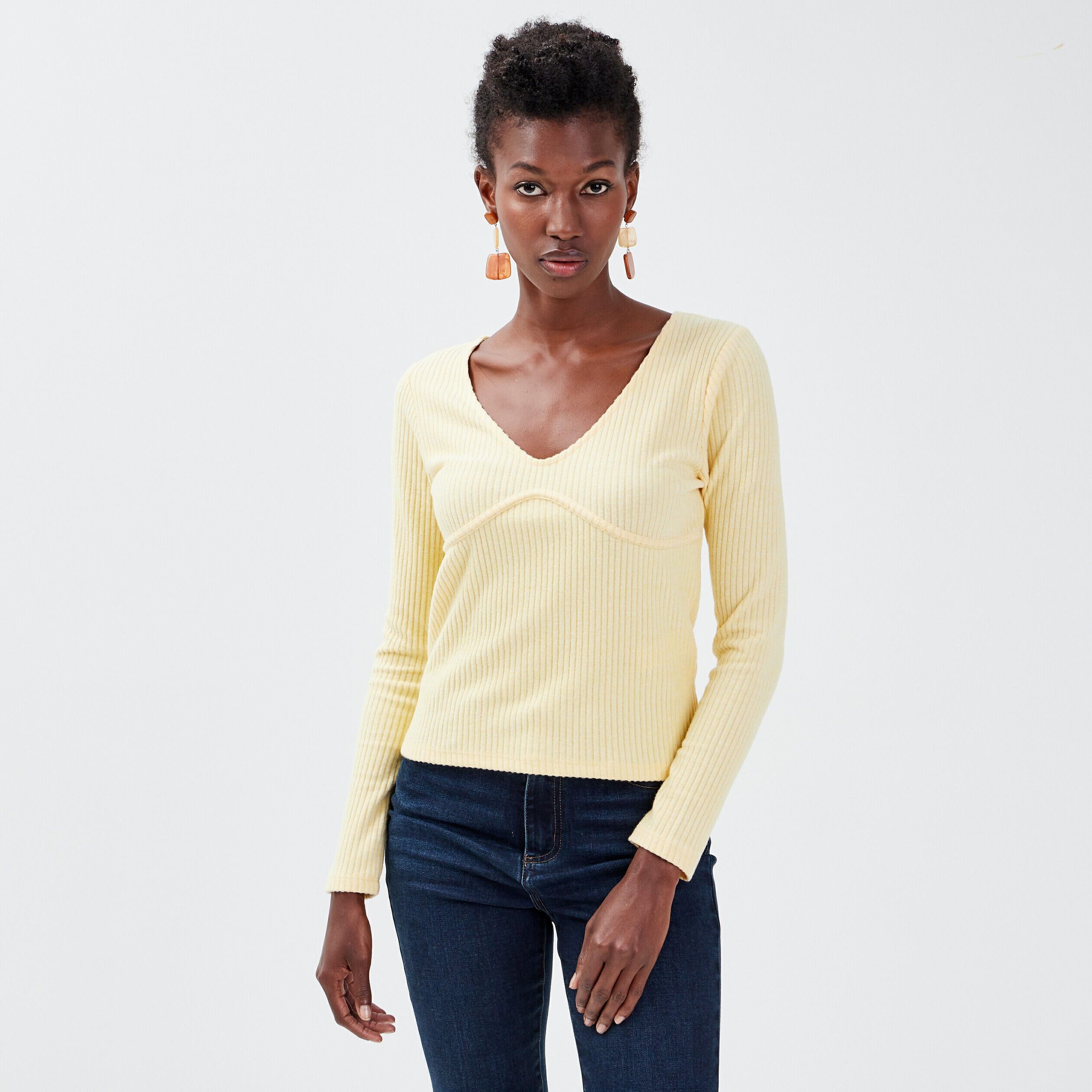 T-shirt manches longues jaune clair femme | Cache Cache