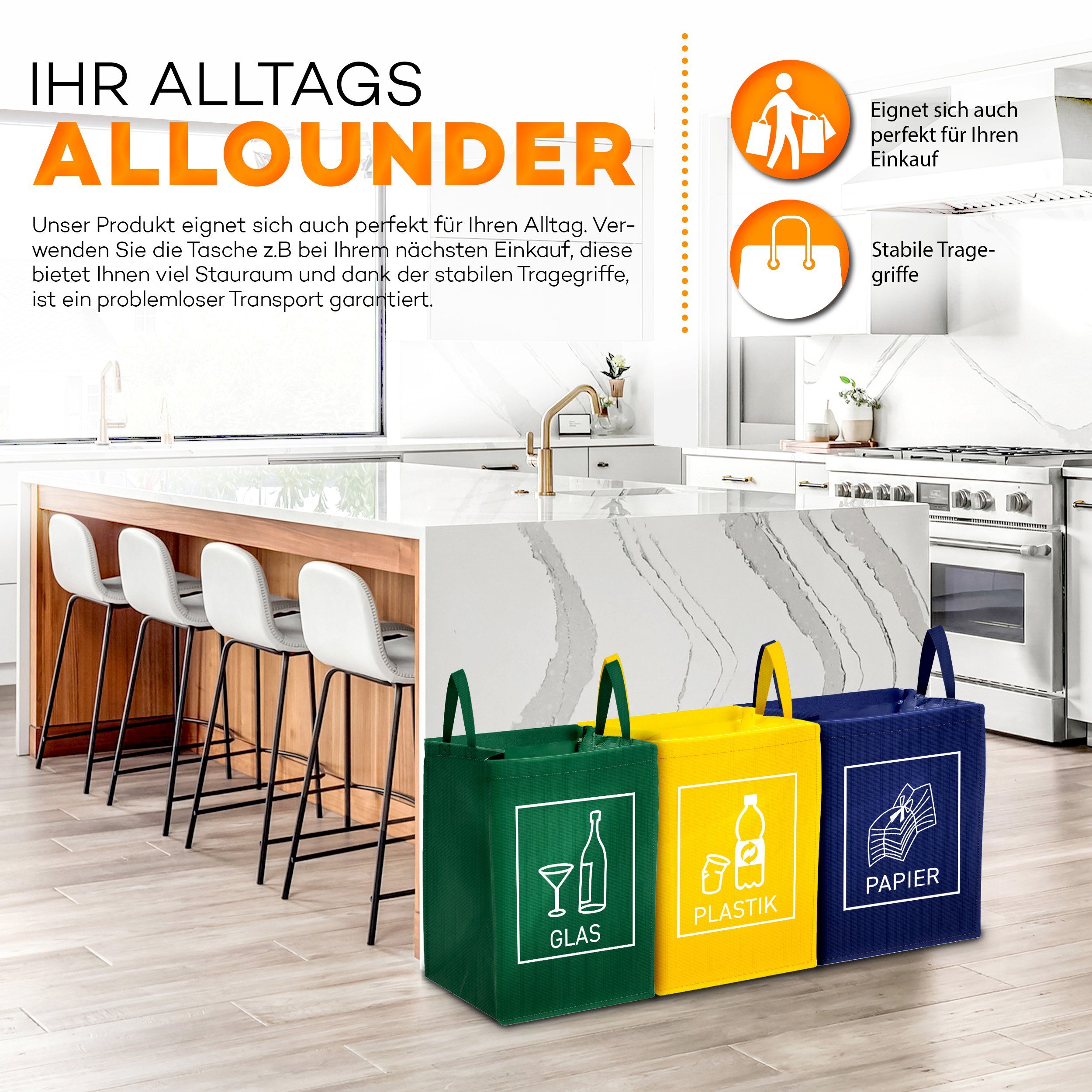TRESKO Mülltrennsystem 3er Set Recycling Deutsch Mülltrenner Mülleimer Trennsystem
