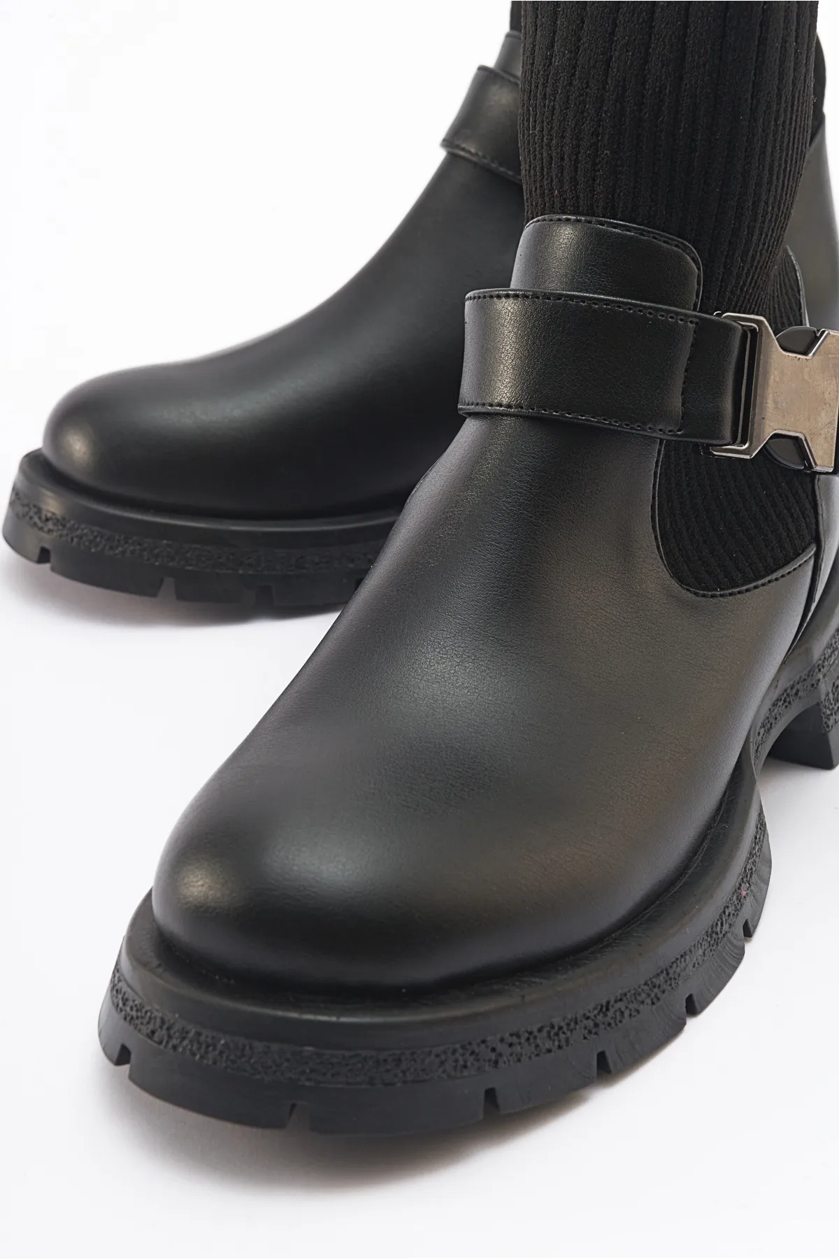 LuviShoes  VALON Damenstiefel mit schwarzer Schnalle und Strickwaren