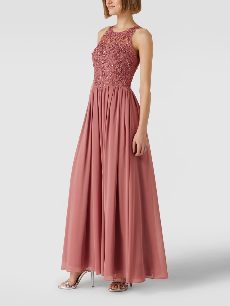 Abendkleid mit floralen Stickereien und Zierperlen in rosa