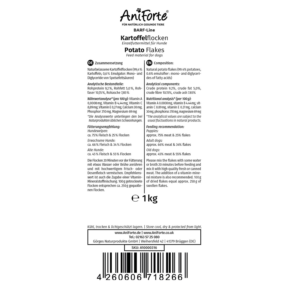 Aniforte Ergänzungsfutter & Aufzucht Aniforte BARF-Line Kartoffelflocken 1kg