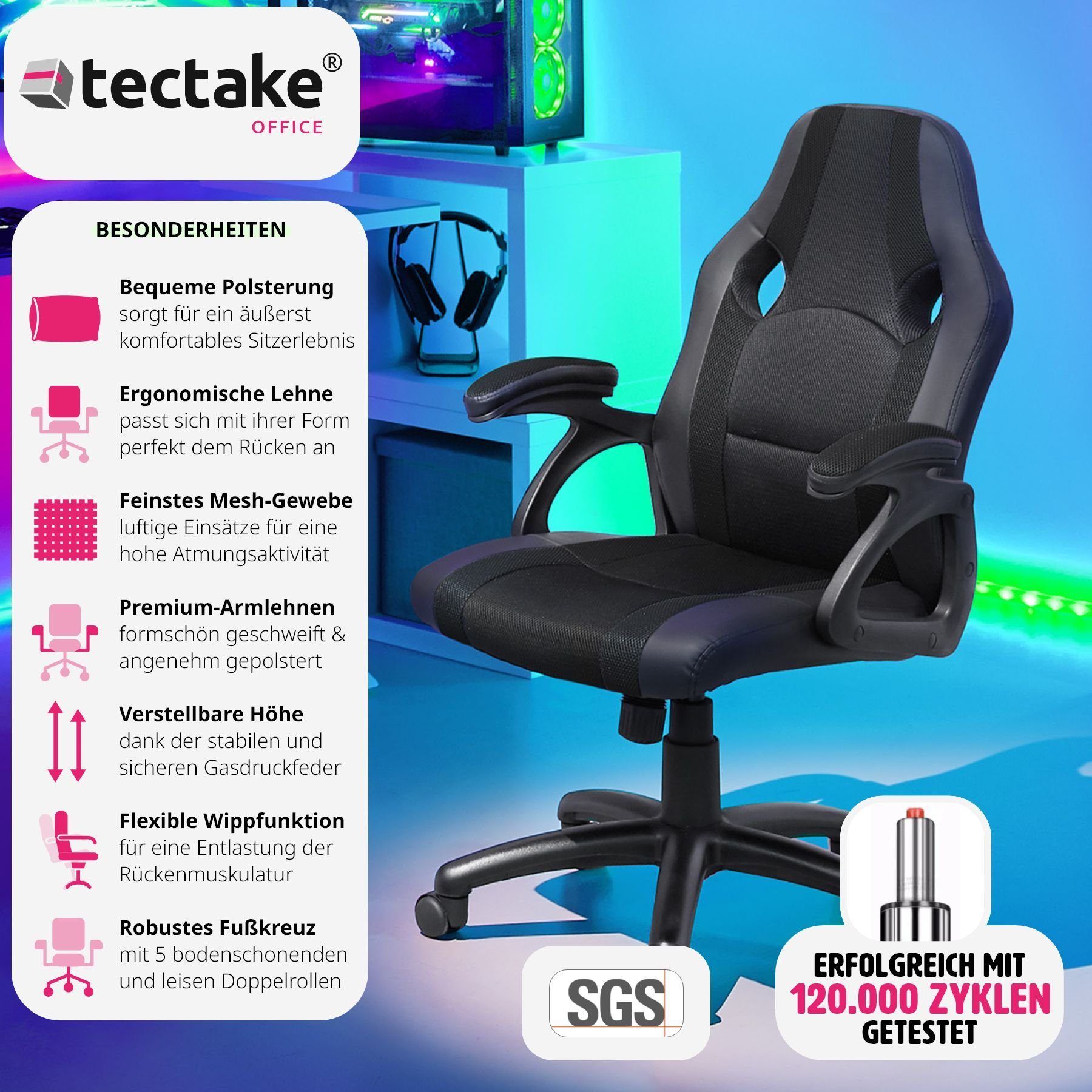 tectake Gaming-Stuhl Benny (1er, 1 St), einstellbare Wippmechanik