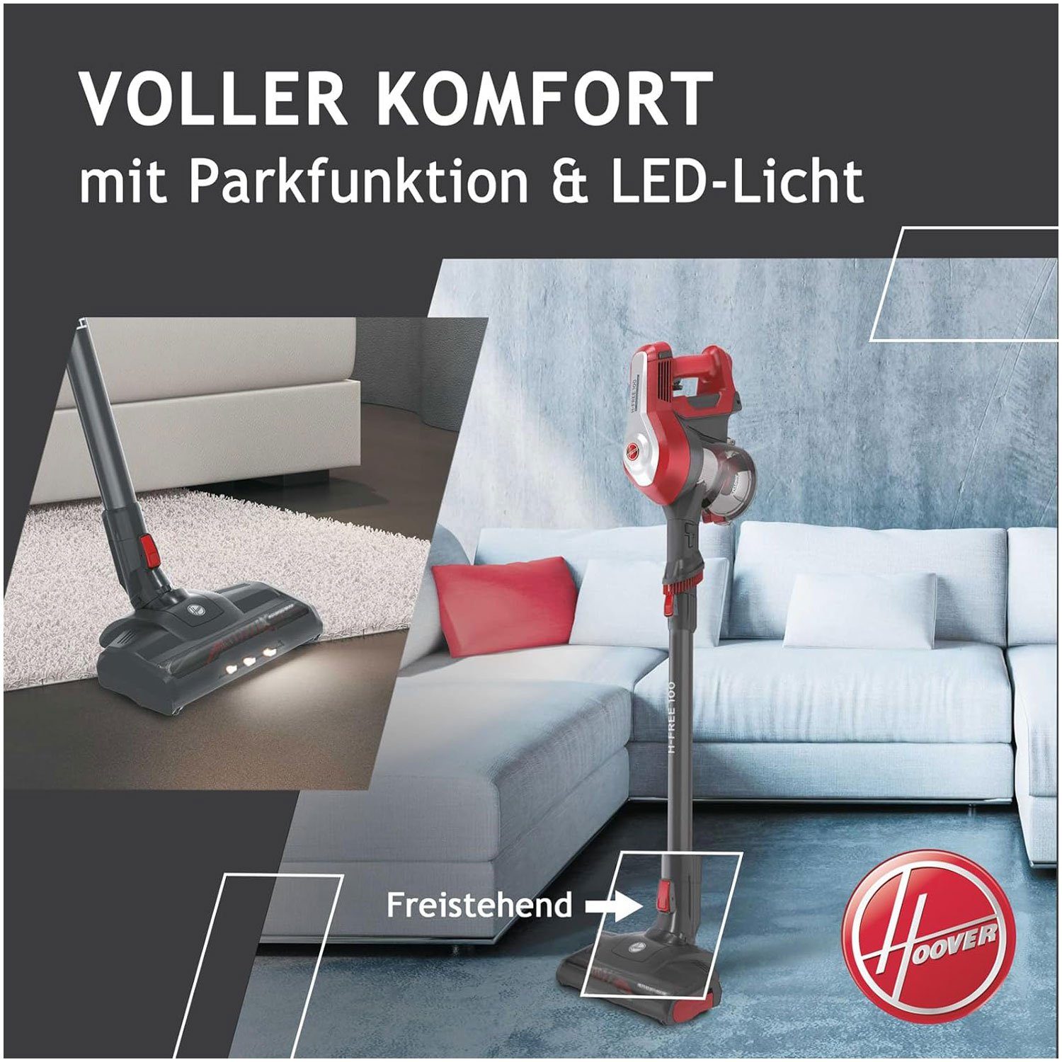 Hoover Akku-Hand-und Stielstaubsauger HF 122RH-11, 170 W, beutellos, Boden- & Handsauger in Einem, 22 V, LED-Licht, Turbo, 0,9 l Behälter