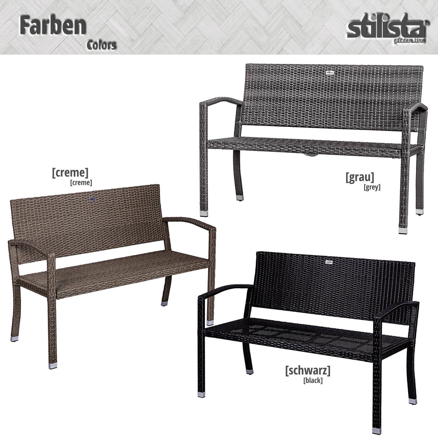 STILISTA Gartenbank 2-Sitzer Sitzbank Parkbank Rattanbank, aus UV-beständigem Polyrattan-Geflecht, 122 x 52 x 89 cm, Farbwahl
