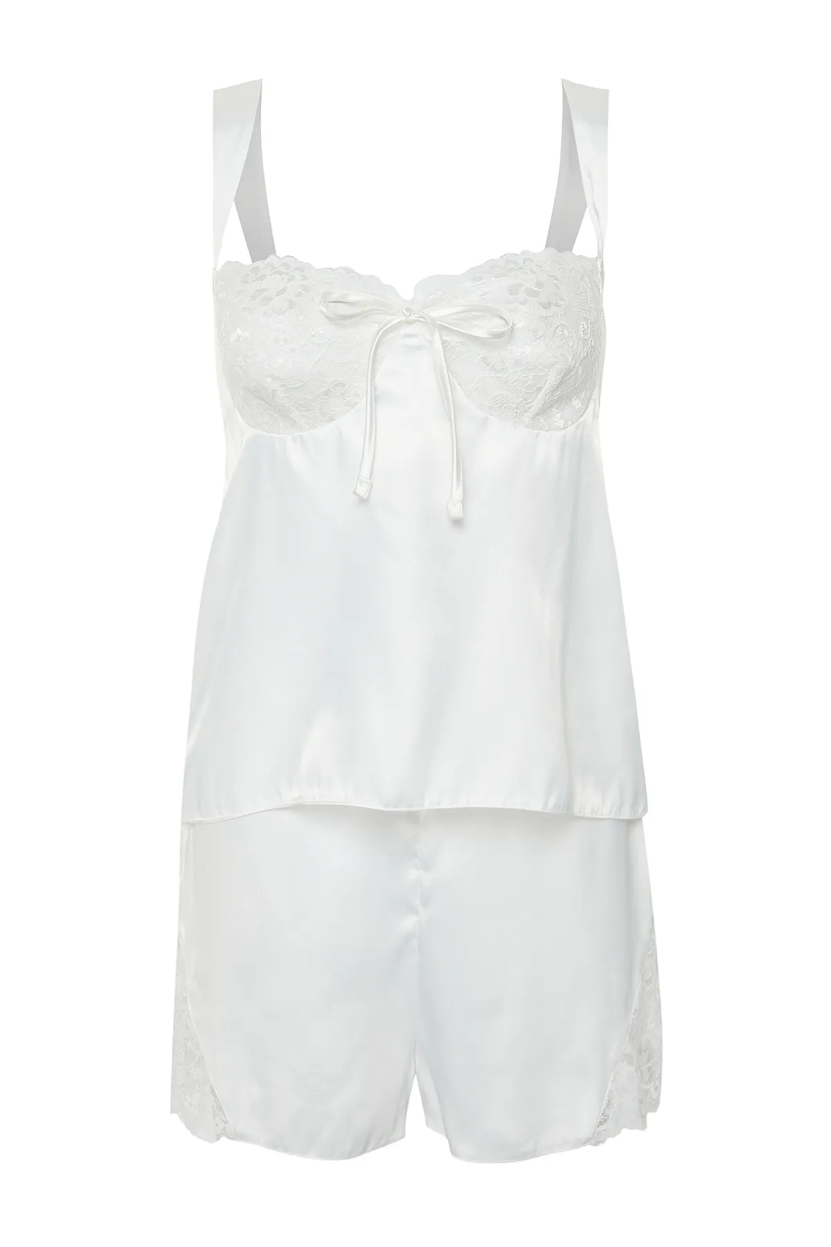 Trendyol Collection  Braut-Pyjama-Set aus Satin mit weißer Spitze und detaillierter Schnalle als Geschenk THMSS24PT00157