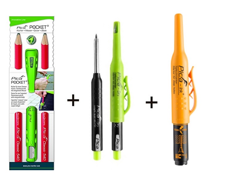 Ensemble Pica PICASET - Pocket 505/01 : 2 crayons avec taille-crayon + surligneur sec 3030 + marqueur à trous profonds 150/46