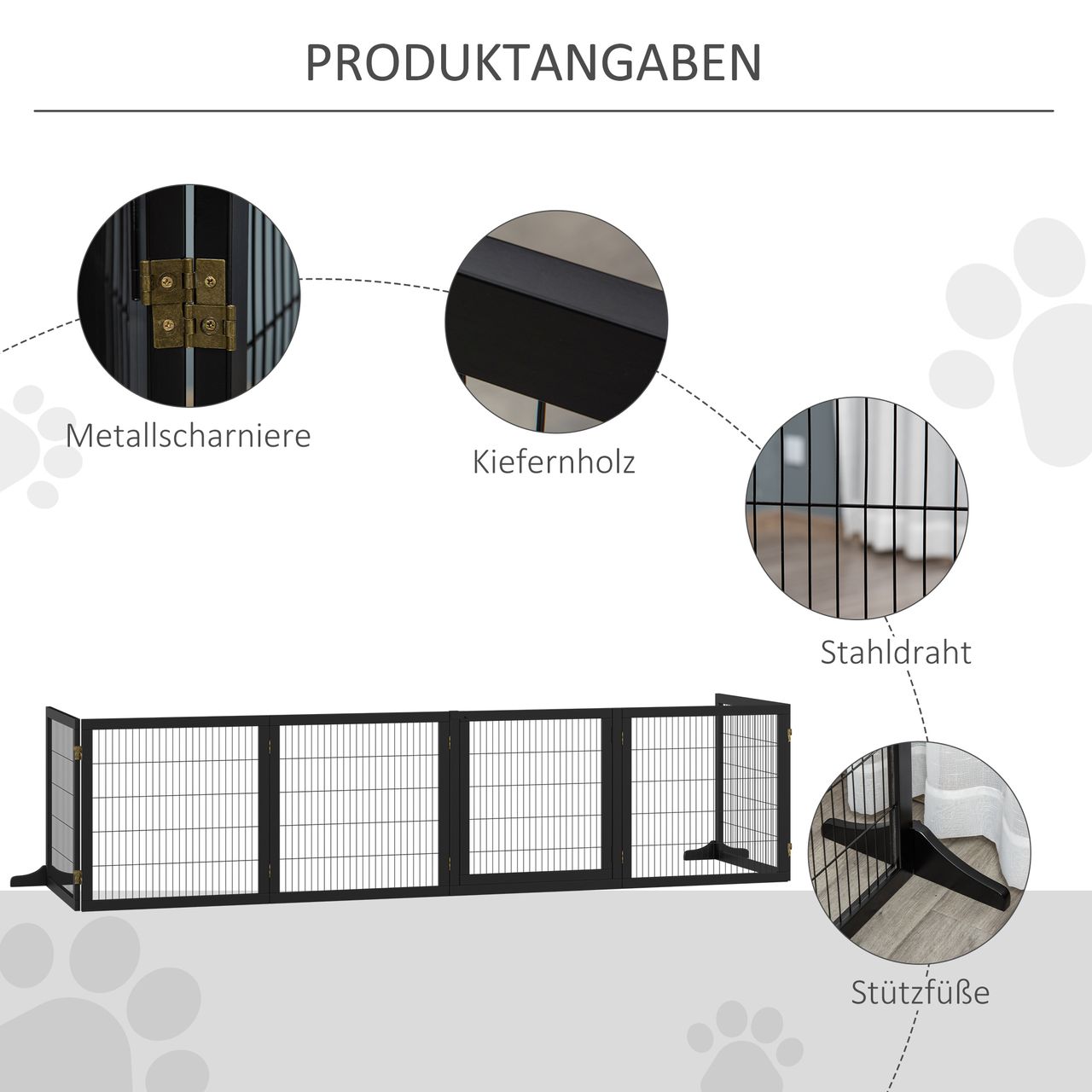 PawHut Türschutzgitter Absperrgitter für Hunde Schutzgitter Hundegitter Sicherheitstür Bidirektionales Falten Kiefernholz Metall Schwarz 432 x 36 x 70 cm