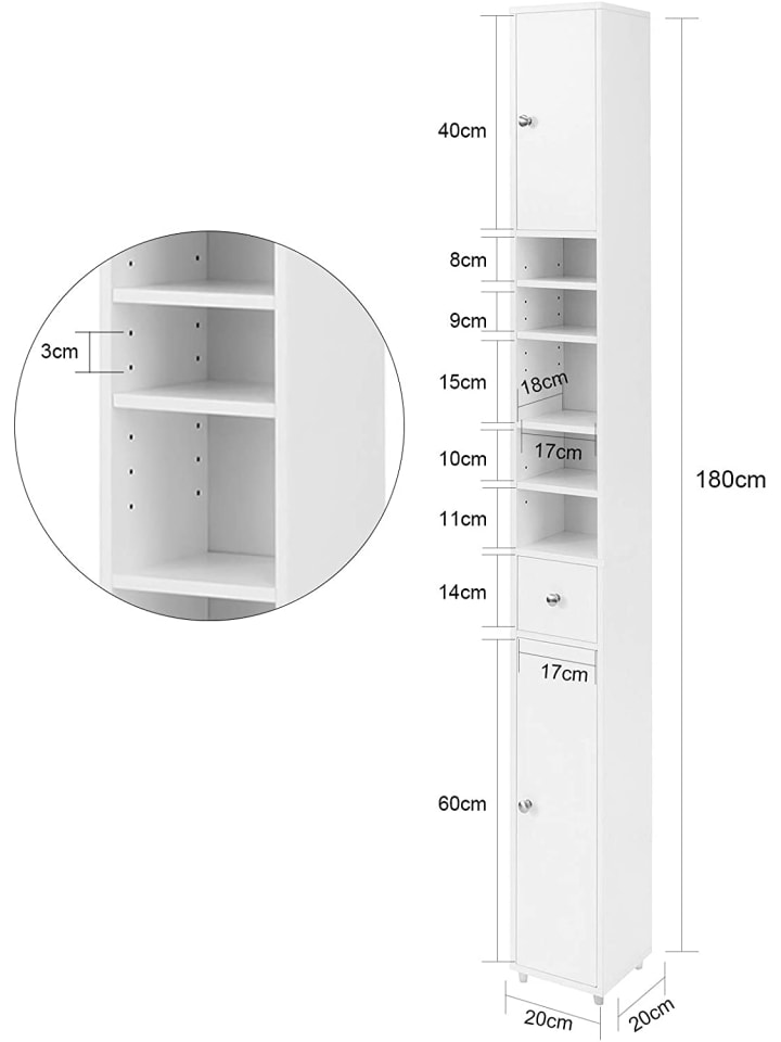 SoBuy Badezimmer-Hochschrank in Weiß - (B)20 x (H)180 x (T)20cm günstig kaufen onesize