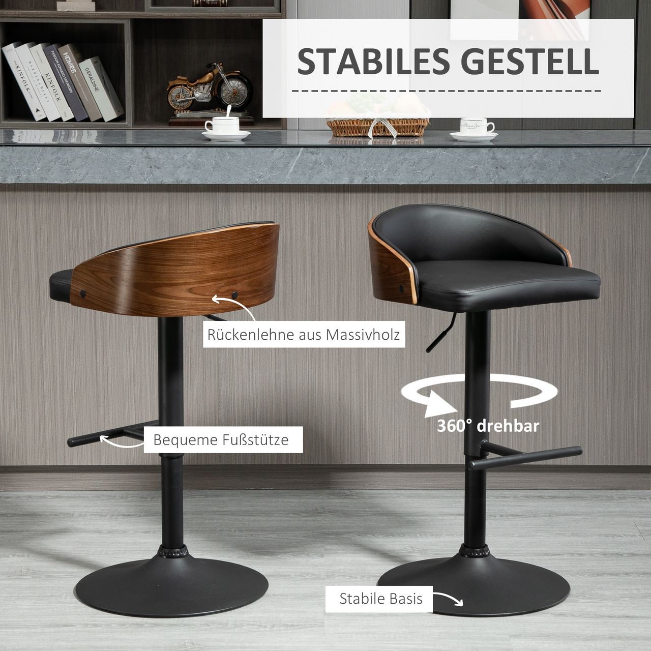 HOMCOM 2er-Set Barhocker drehbare Barstühle mit Fußstütze Barstuhl höhenverstellbar Küchenstühle Drehstühle Kunstleder Holz Schwarz Kaffee 48 x 49,5 x 76-96 cm