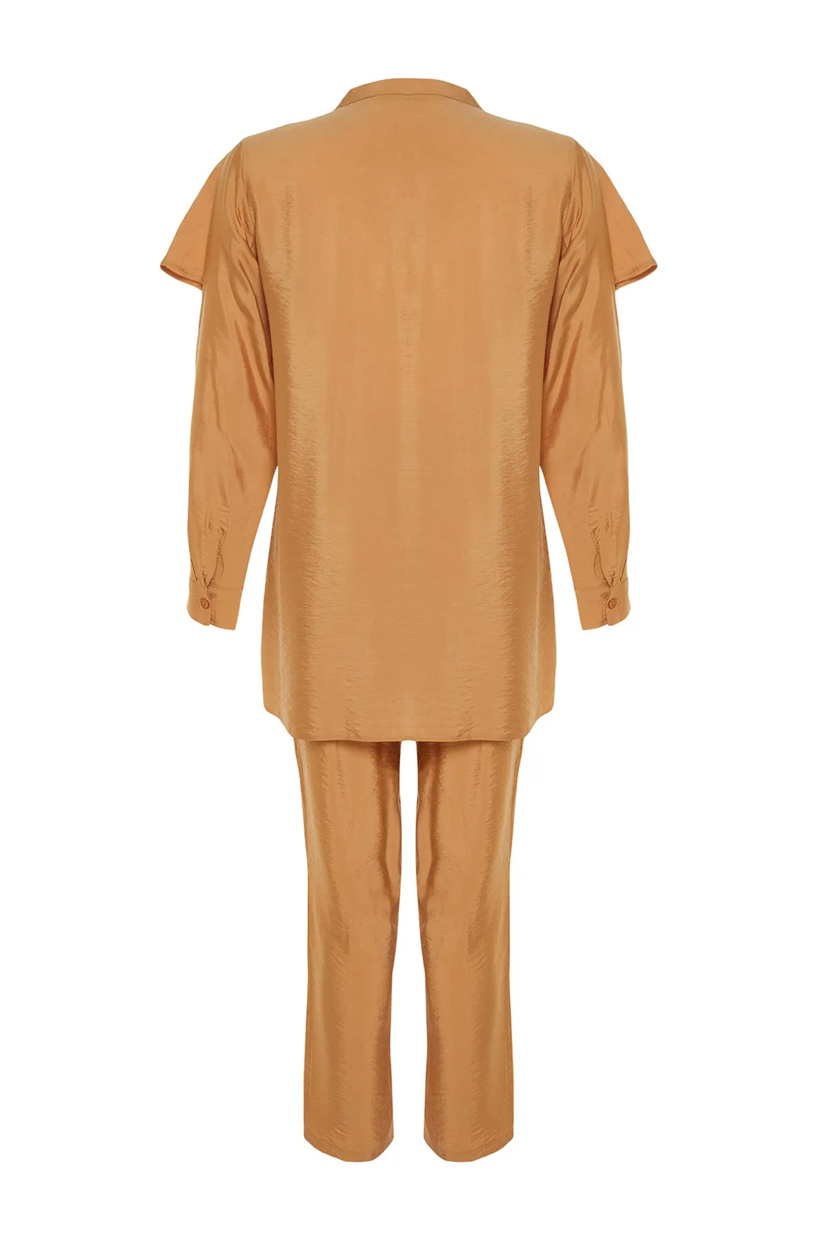Trendyol Modest  Kamelfarbenes, gewebtes Hemd-Hosen-Set mit Schwungrad-Details TCTSS23US00091