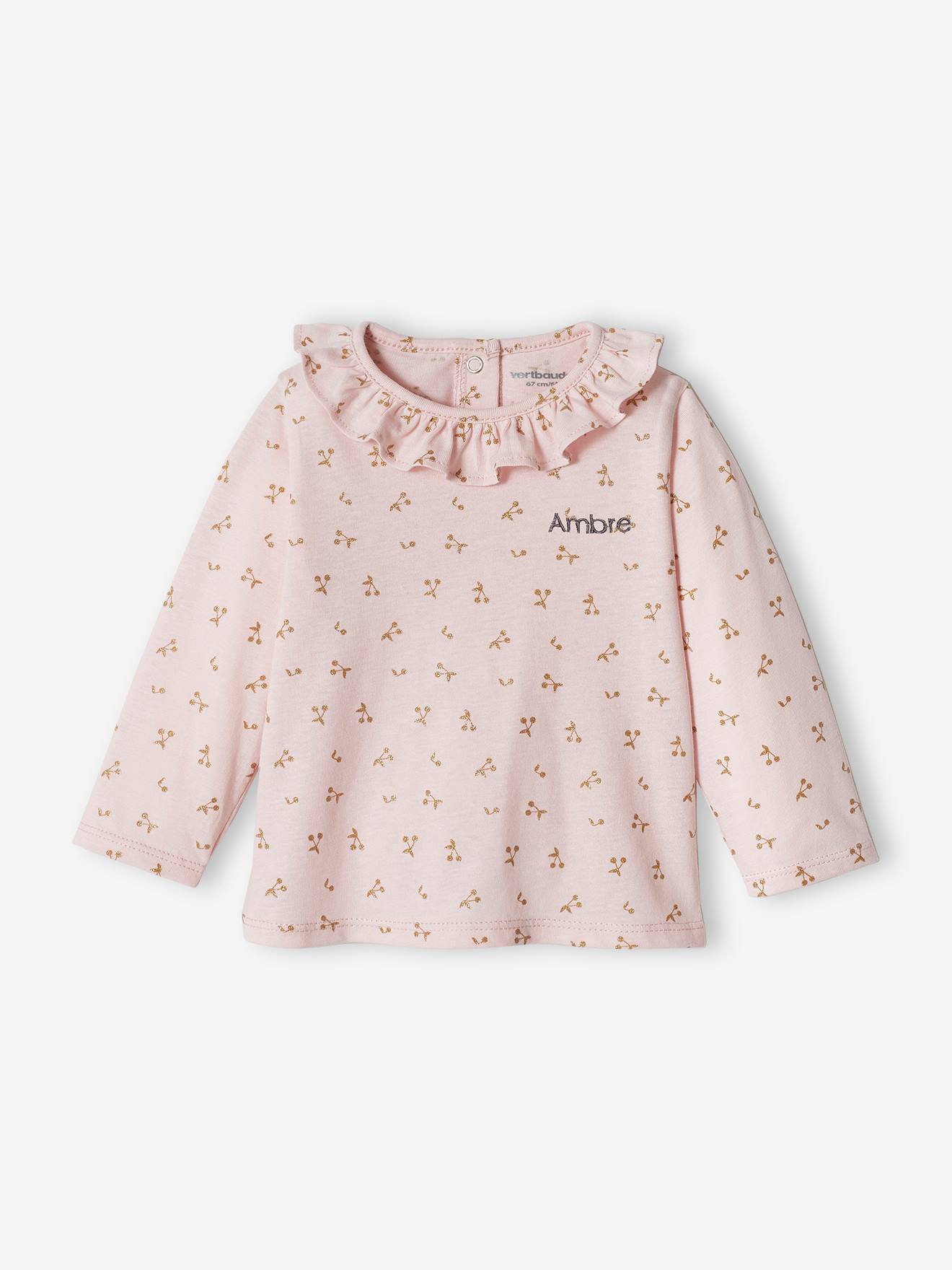 T-shirt col volanté bébé fille personnalisable rose poudré