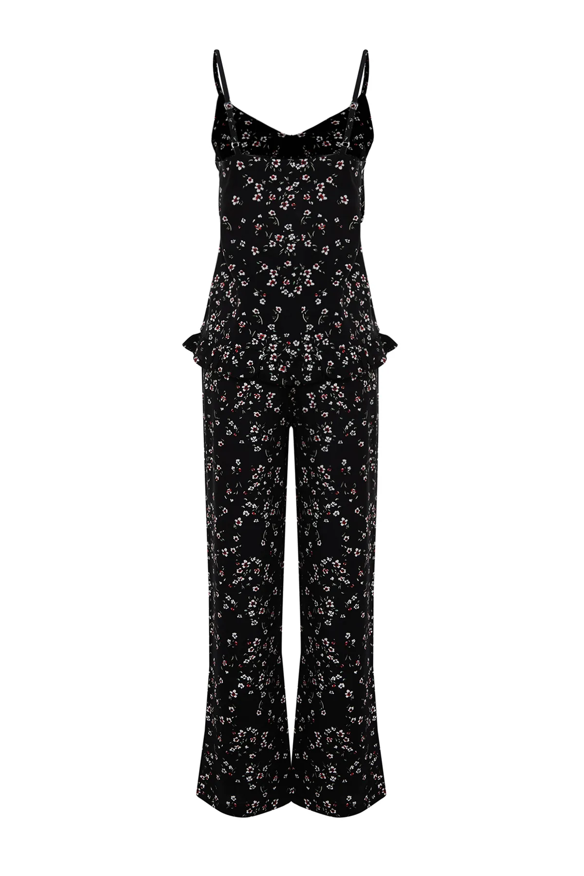 Trendyol Collection  Schwarzes Pyjama-Set aus Viskosegewebe mit Blumenmuster und Schnürriemen THMSS24PT00301