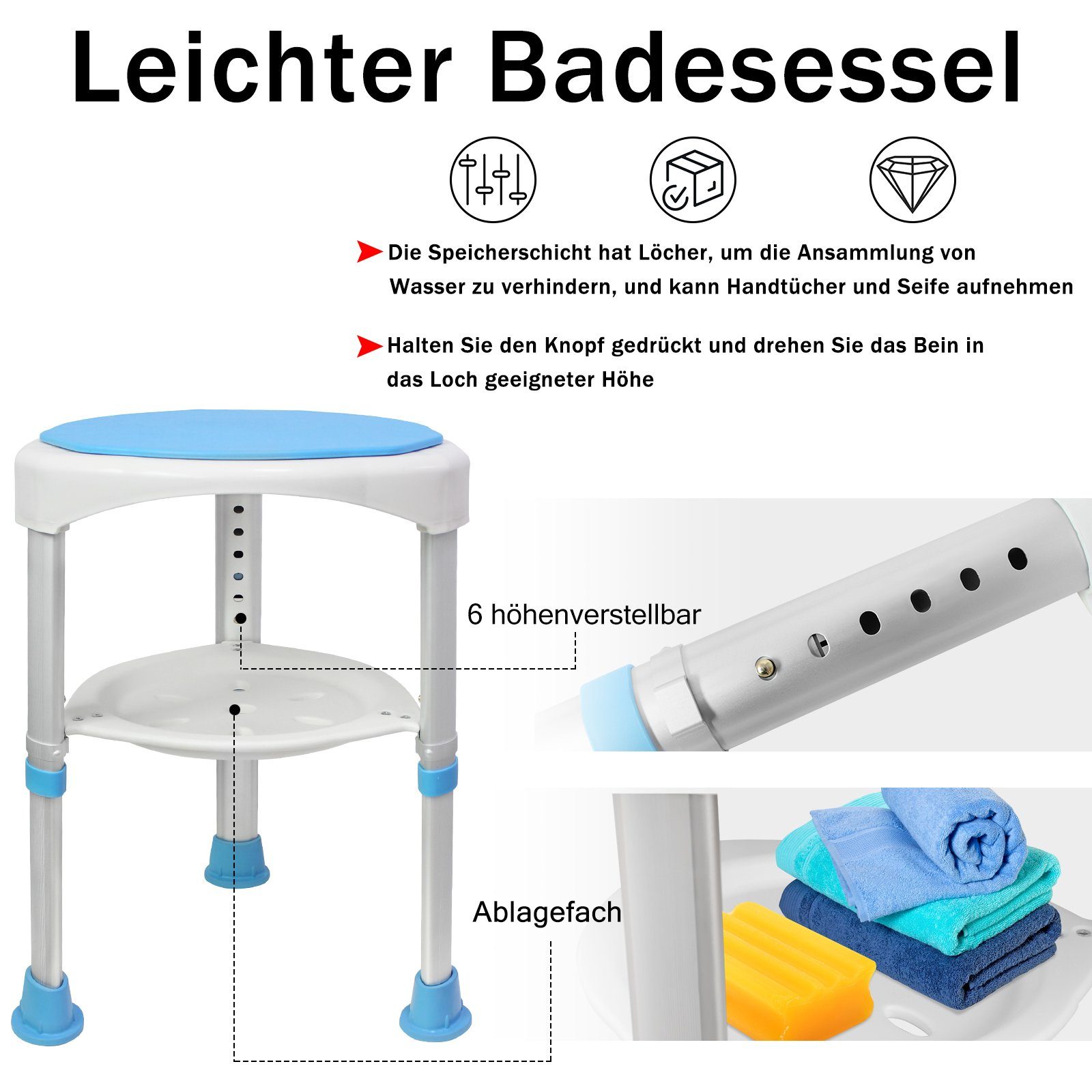 UISEBRT Dusch- und Badhocker Duschstuhl 360°Drehbar, mit Ablagefach