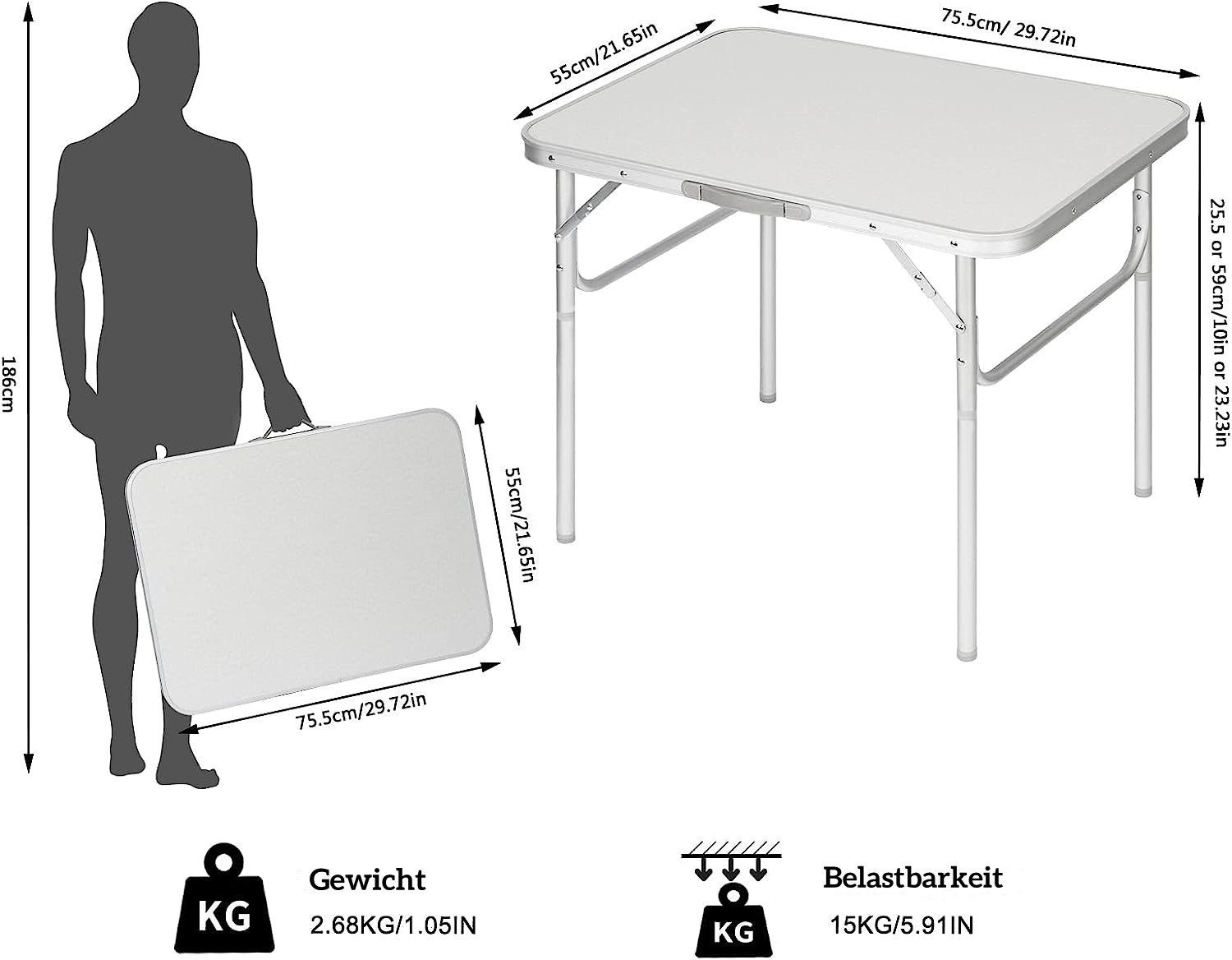 Woltu Campingtisch, Gartentisch tragbar, Reisetisch klappbar, aus Alu, MDF