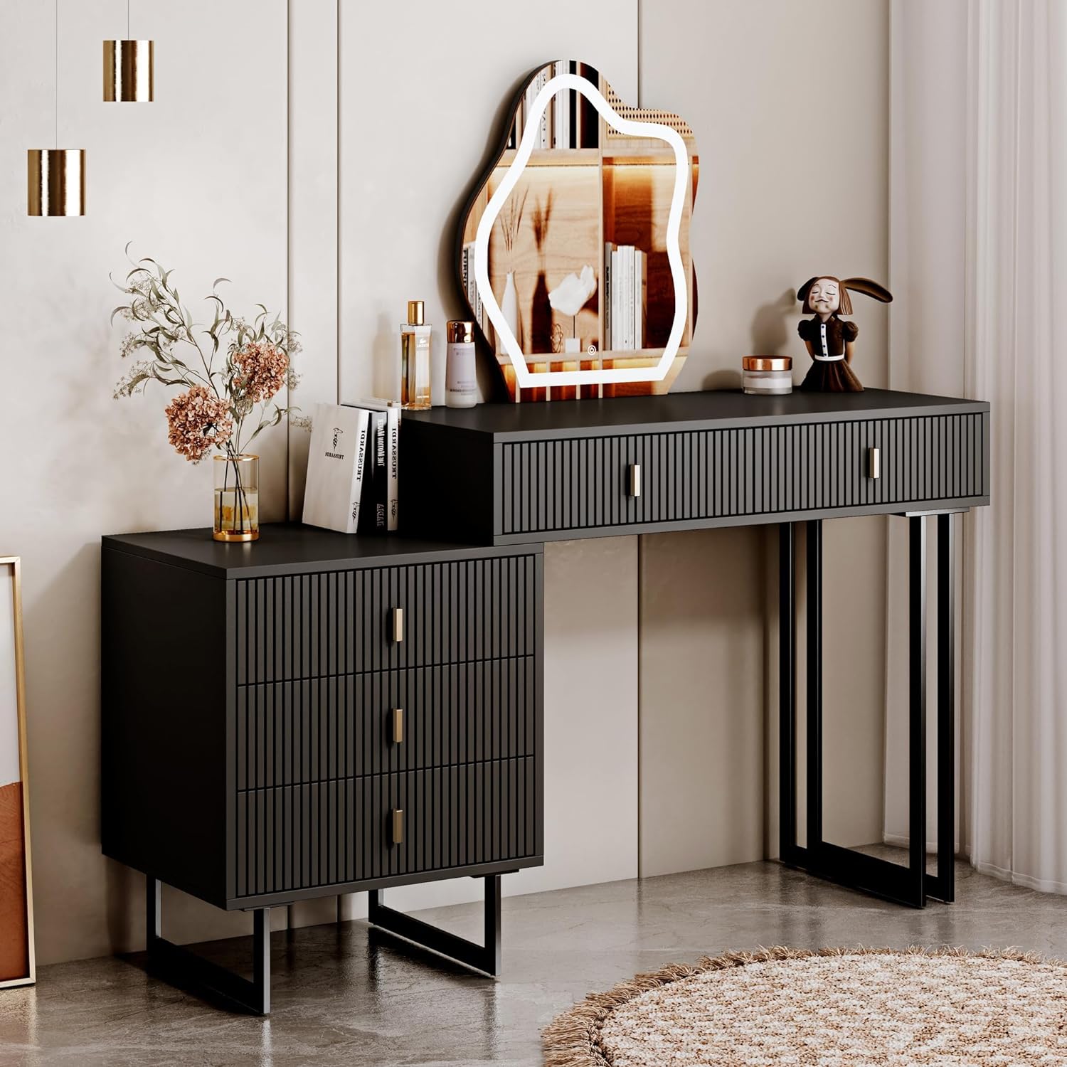 leejdn Dresser with 3 Color Touch Screen Dimming Mirror, Modern Makeup Dresser with Adjustable Cabinets and 4 Sliding Drawers, Powder Room, Bedroom Dresser Set