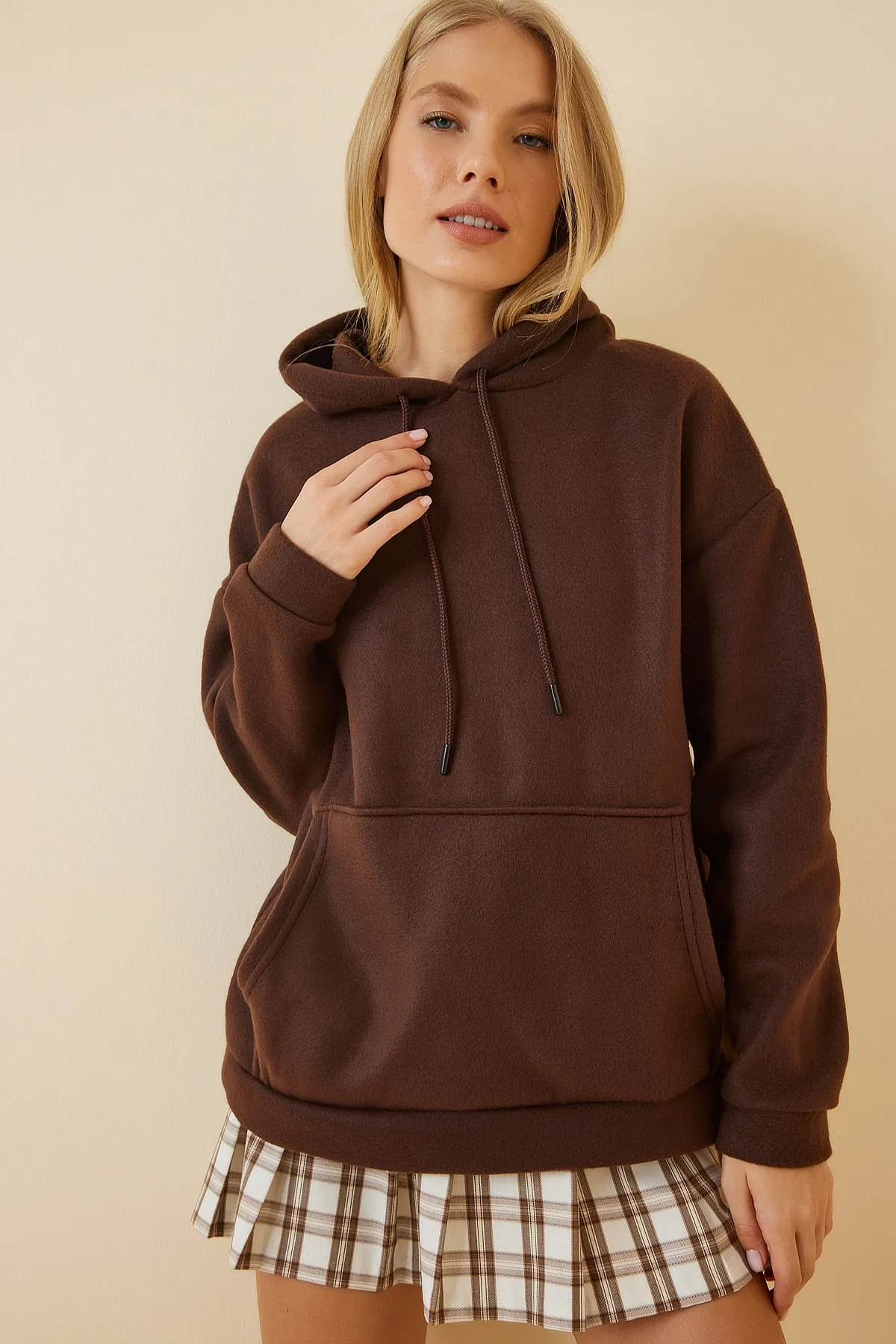 Happiness İstanbul  Braunes Winter-Fleece-Sweatshirt mit Kapuze für Damen ZV00047